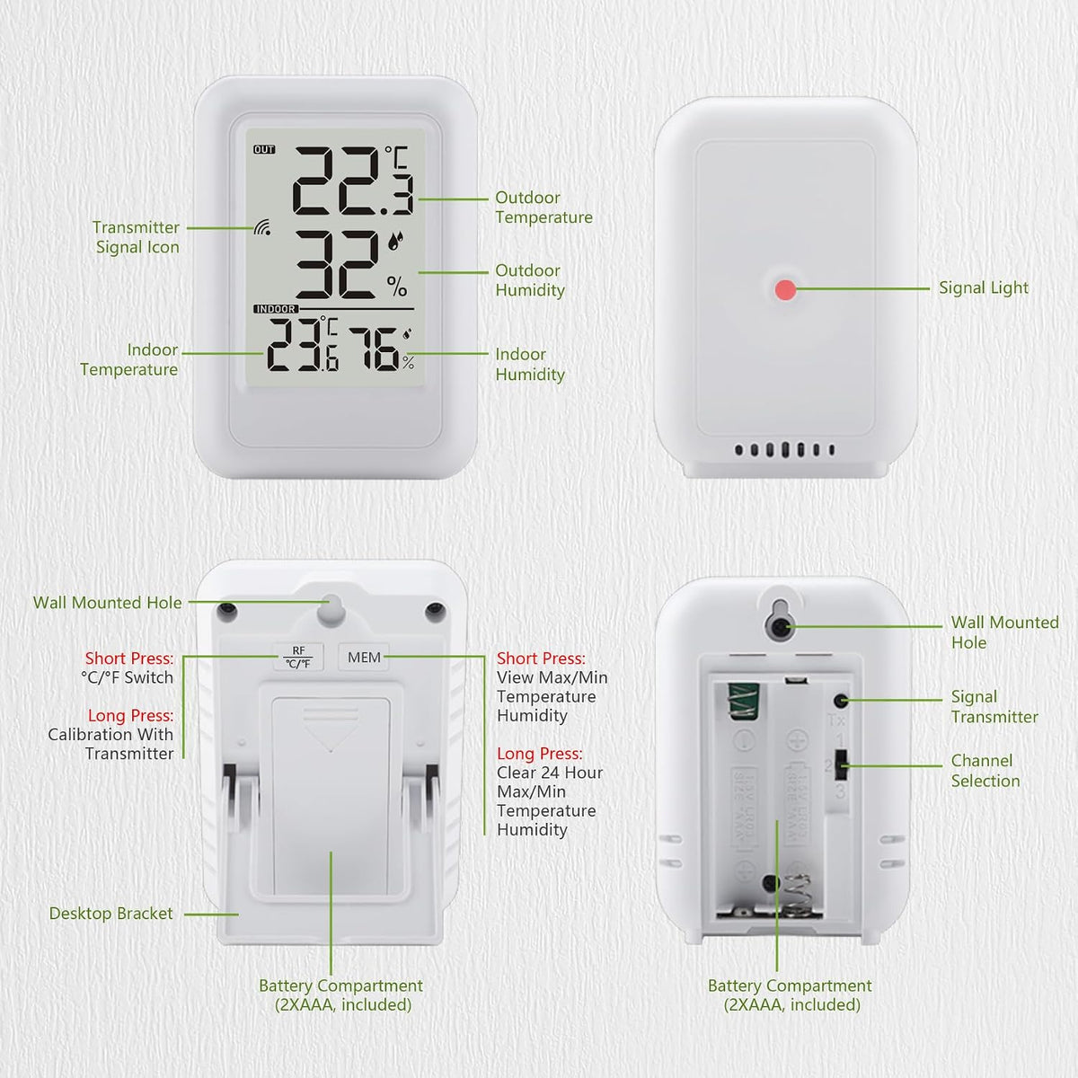 Indoor Outdoor Thermometer Hygrometer Wireless, Temperature Humidity Monitor with 330FT Range Remote Sensor, Max/Min Record, ℃/℉ Switch for Home, Office,Greenhouse, Baby Room (Type B)