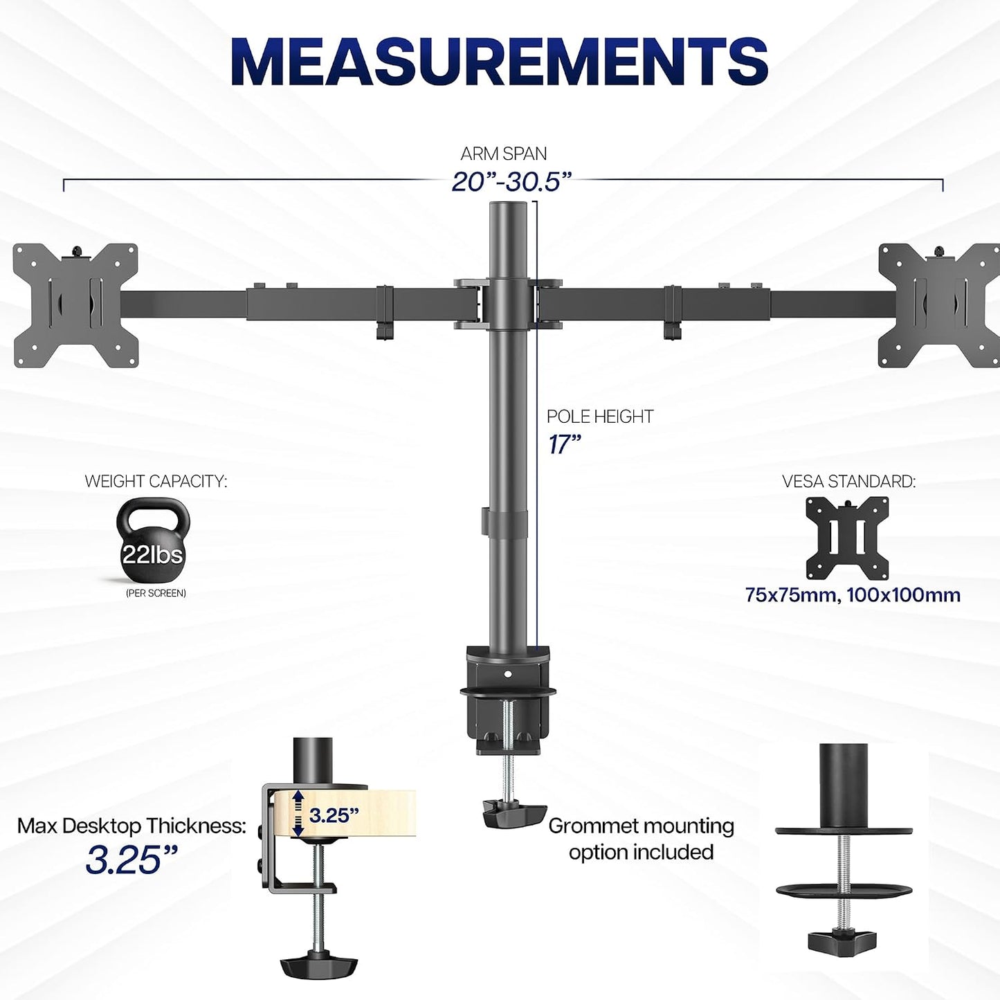 VIVO Dual LCD LED 21 to 32 inch Monitor Desk Mount, Heavy Duty, Adjustable Telescoping Arms, Flush Wall Setup, Fits 2 Screens, Black, STAND-V002E