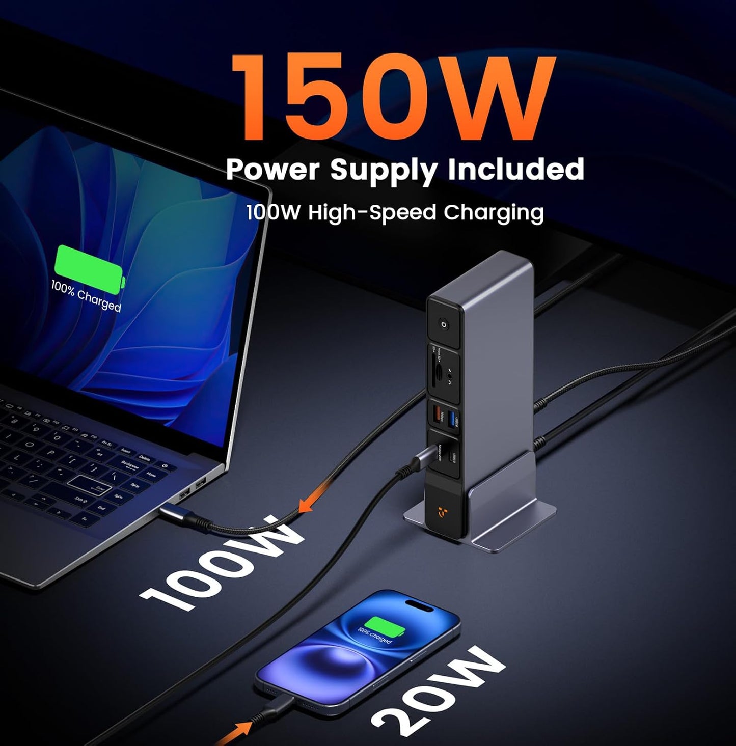 TobenONE USB C Docking Station 3 Monitors, 18-in-1 Triple 4K Display, 150W Power Adapter with 20W Fast Charging, 8 USB Ports up to 10Gbps, 2 HDMI/DP/USB C, for Windows/Chrome OS