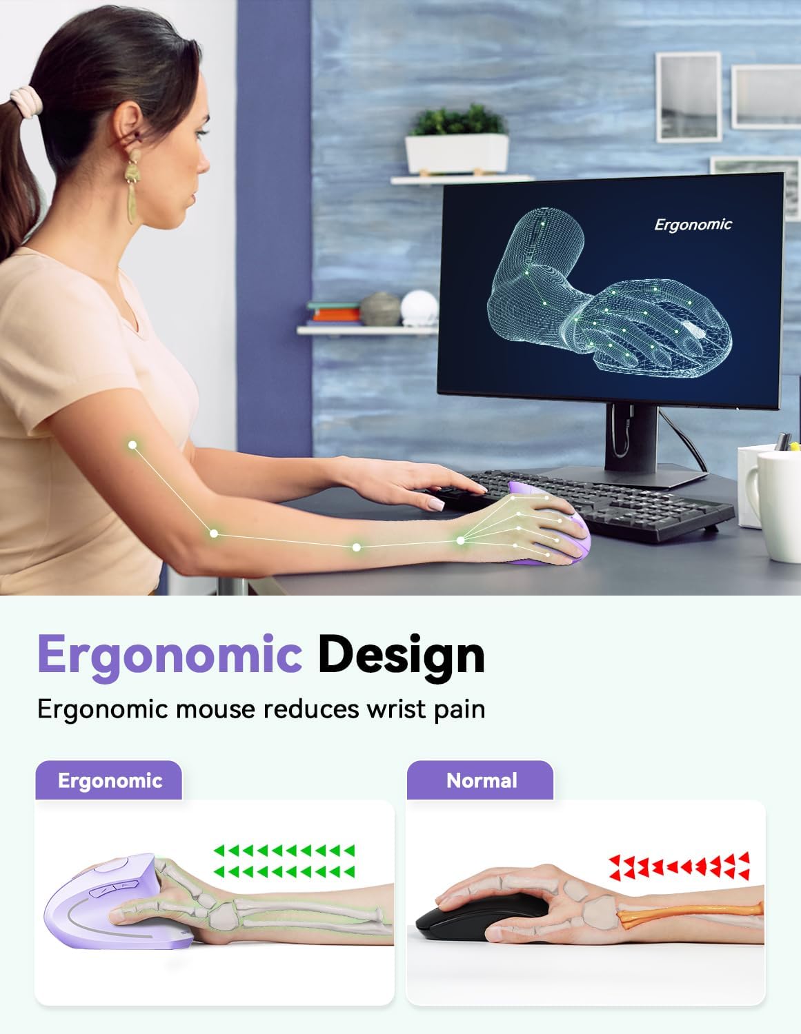 TECKNET Ergonomic Mouse, 4800 DPI Wireless Vertical Mouse with 5 Adjustable DPI Levels, 2.4GHz Optical Carpal Tunnel Mouse, 6 Buttons Wireless Mouse for Laptop, Desktop, PC, MacBook - Light Purple