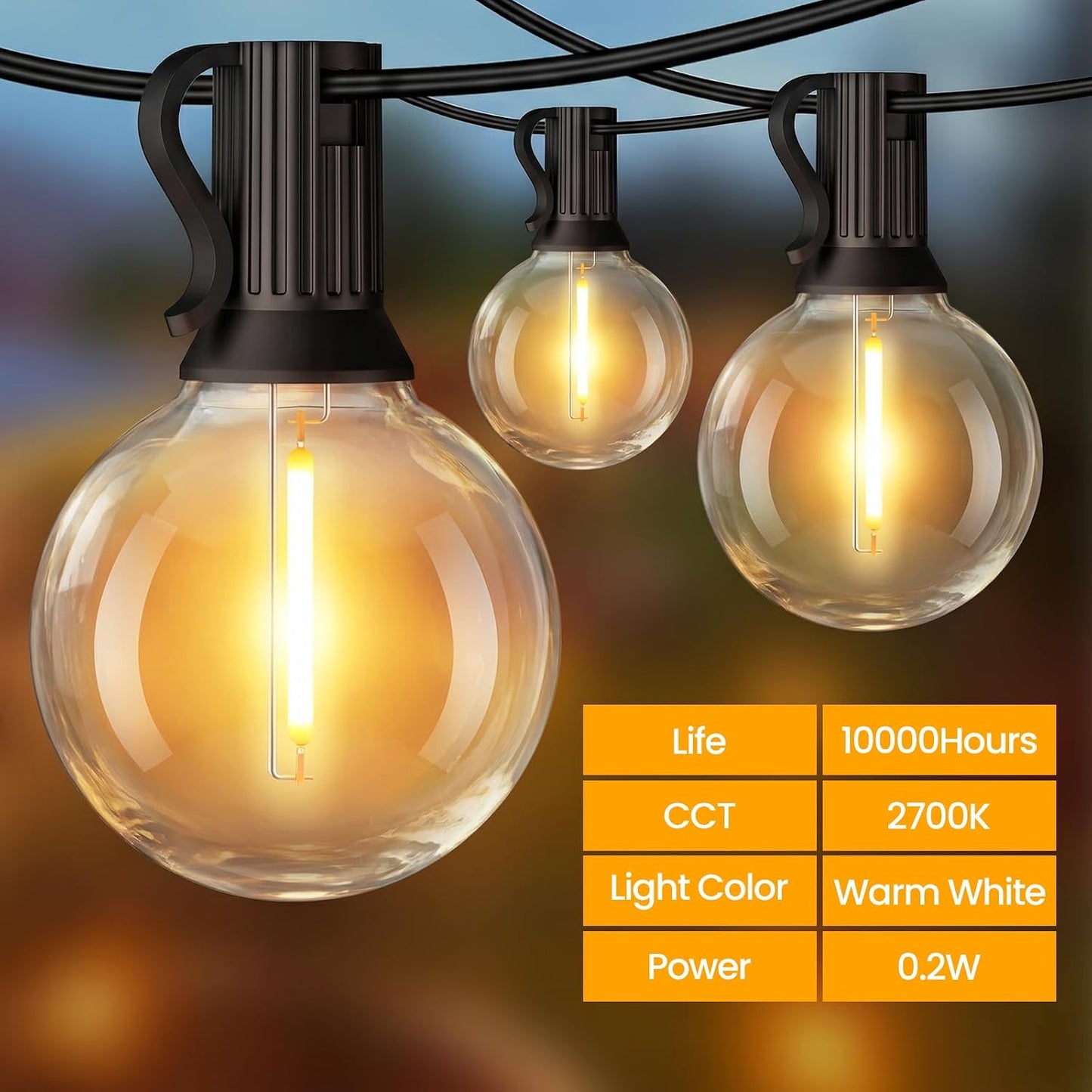 25FT Solar Powered String Lights with 10+1 LED G40 Bulbs, Black | IP65 Waterproof, Solar and USB Dual Charging, Auto On/Off, Shatterproof, Energy-saving, Patio Lights Balcony Backyard Decor