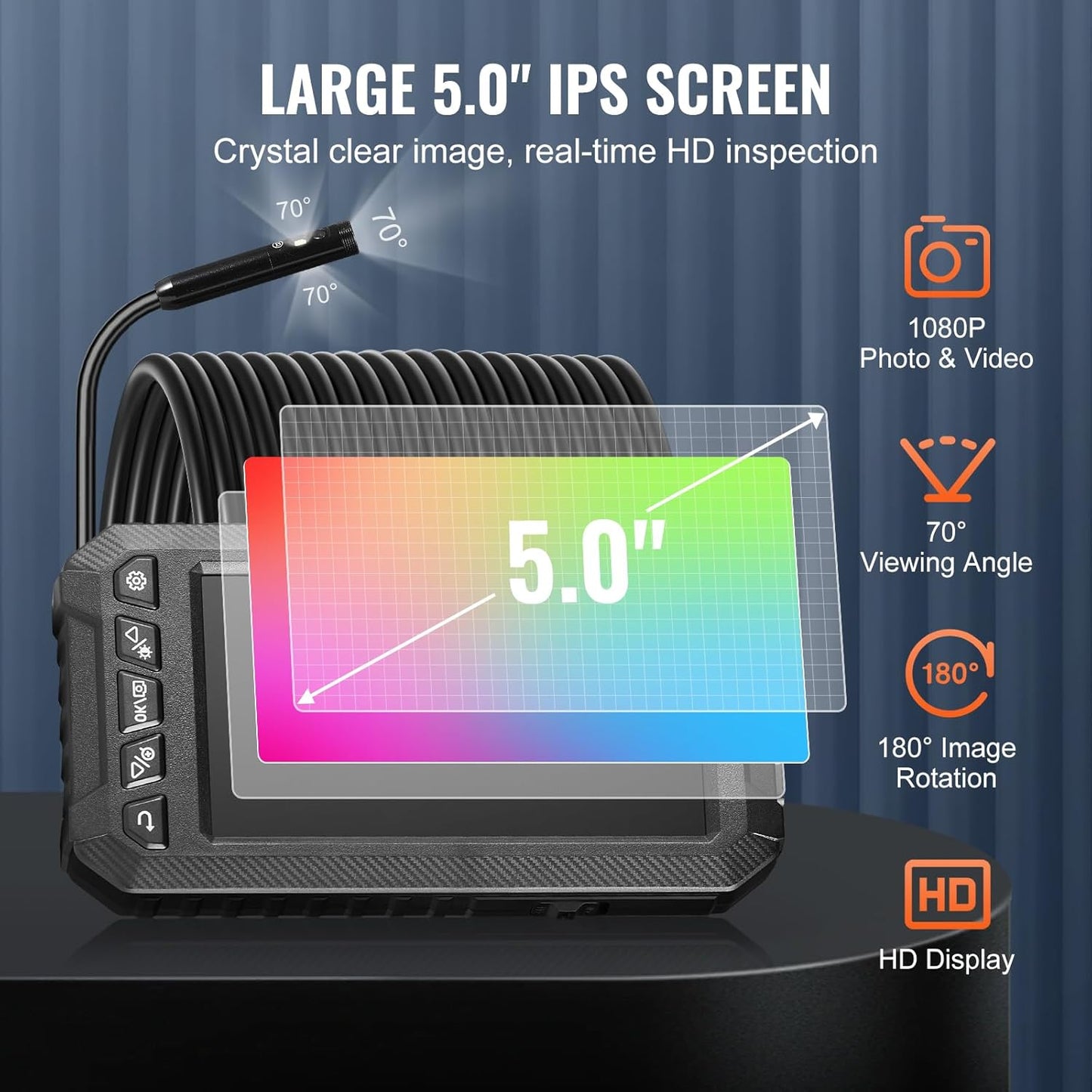 VEVOR Endoscope Camera with Light, Triple Lens Industrial Borescope, 5" Screen 1080P Inspection Camera, 8 + 2 Lights, IP67 Waterproof Snake Cameras for Automotive, Plumbing (16.4FT Cable, 32GB Card)