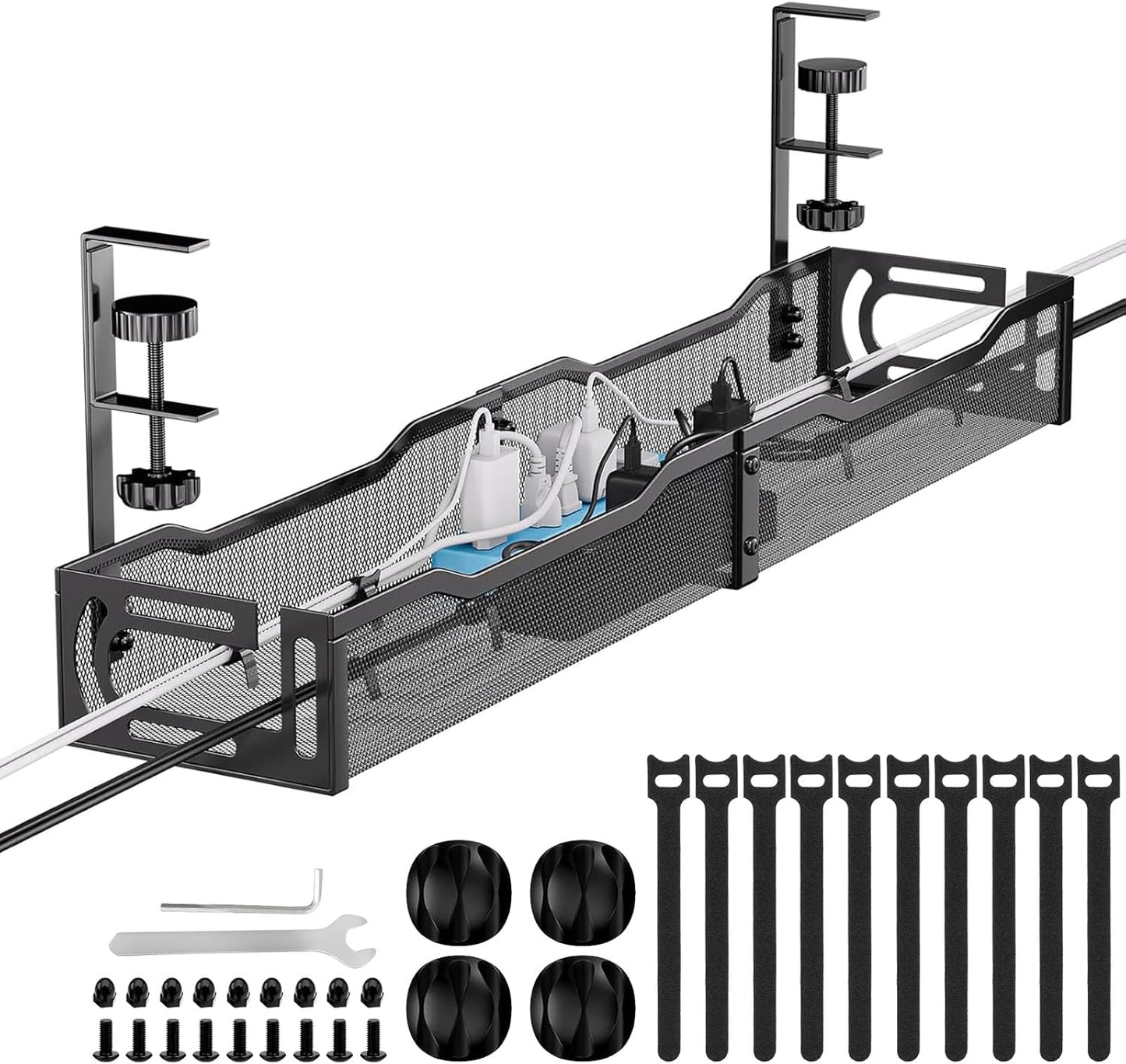 Cable Management, 25'' Cable Management Under Desk, Cable Tray | No Drill Under Desk Cable Management Tray, Cord Organizer with Clamp for Standing Desk, Desk Organizer for Home Office