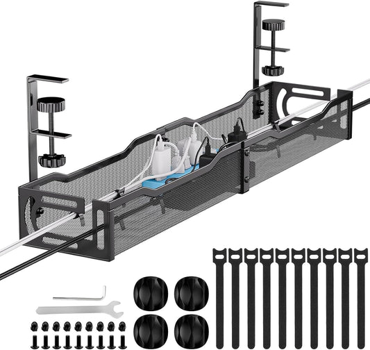 Cable Management, 25'' Cable Management Under Desk, Cable Tray | No Drill Under Desk Cable Management Tray, Cord Organizer with Clamp for Standing Desk, Desk Organizer for Home Office