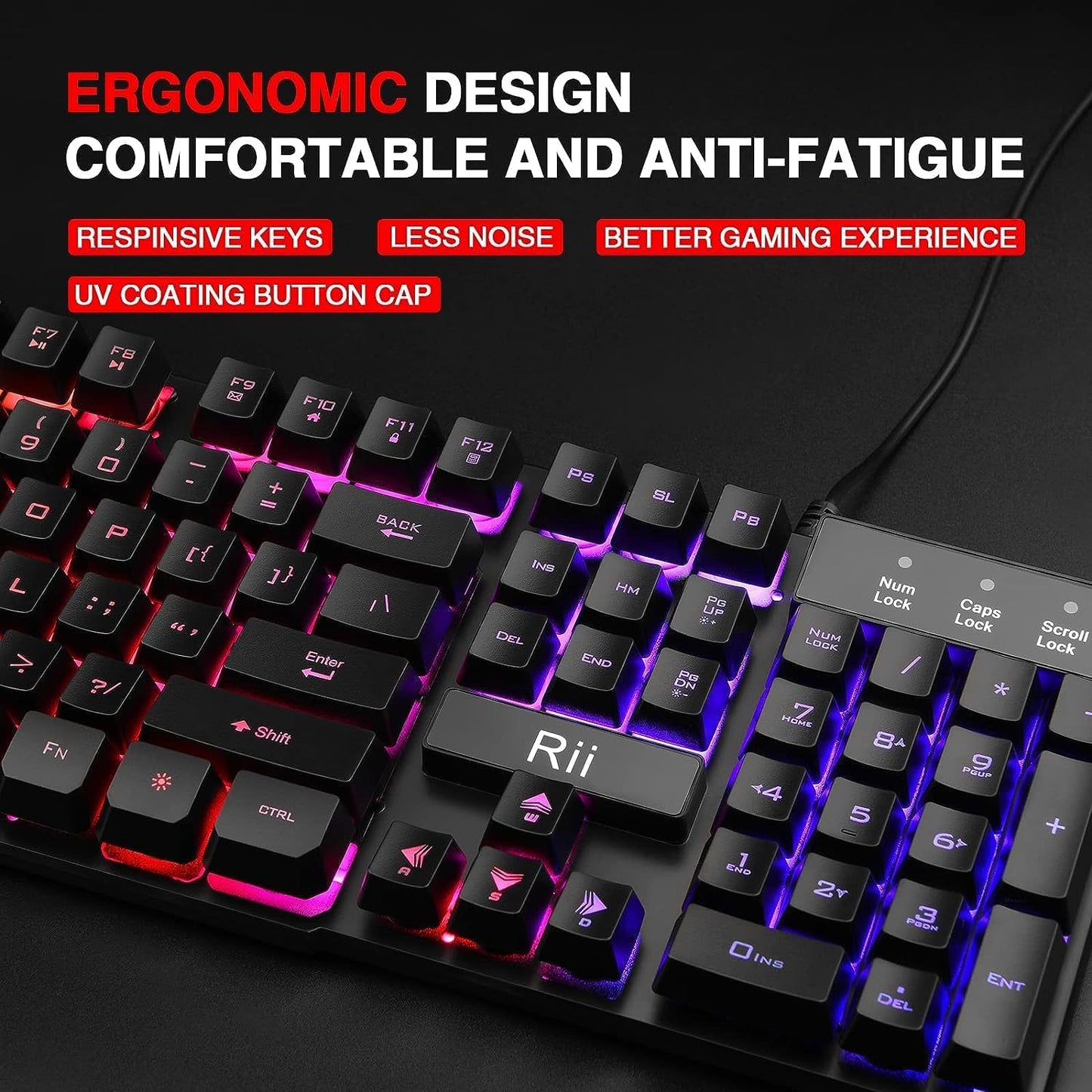 Rii RK100+ Multiple Color Rainbow LED Backlit Large Size USB Wired Mechanical Feeling Multimedia PC Gaming Keyboard,Office Keyboard for Working or Primer Gaming,Office Device