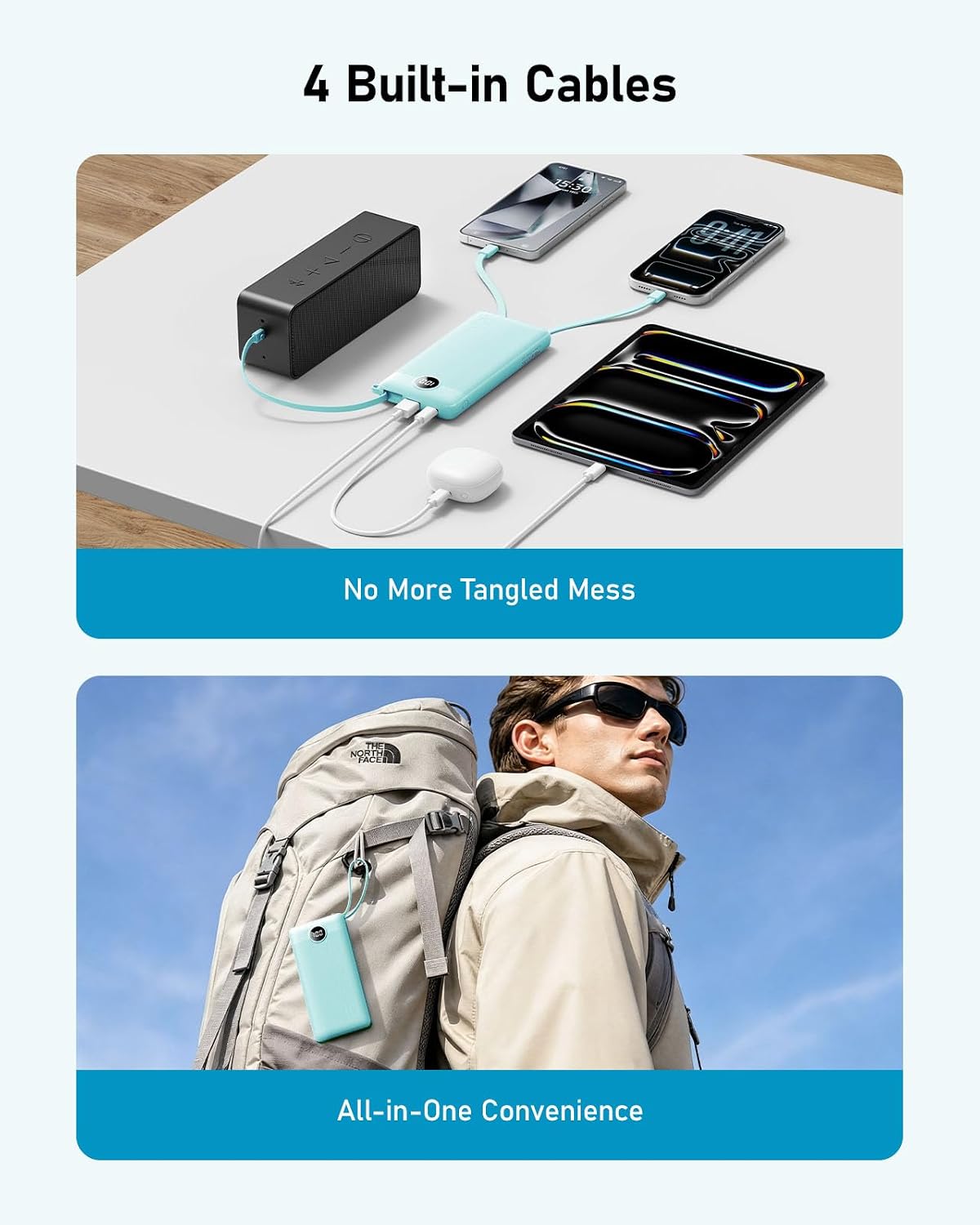 VEEKTOMX 10000mAh Portable Charger with Built-in Cables | Fast Charge Power Bank for iPhone 17/16/15 Samsung Android, USB C Battery Pack with iPhone Micro USB Travel Essentials, Blue