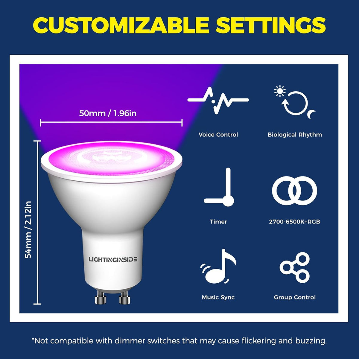 Lightinginside GU10 Smart Light Bulbs 50W, 38° Beam Angle RGBCW Color, 4PCS