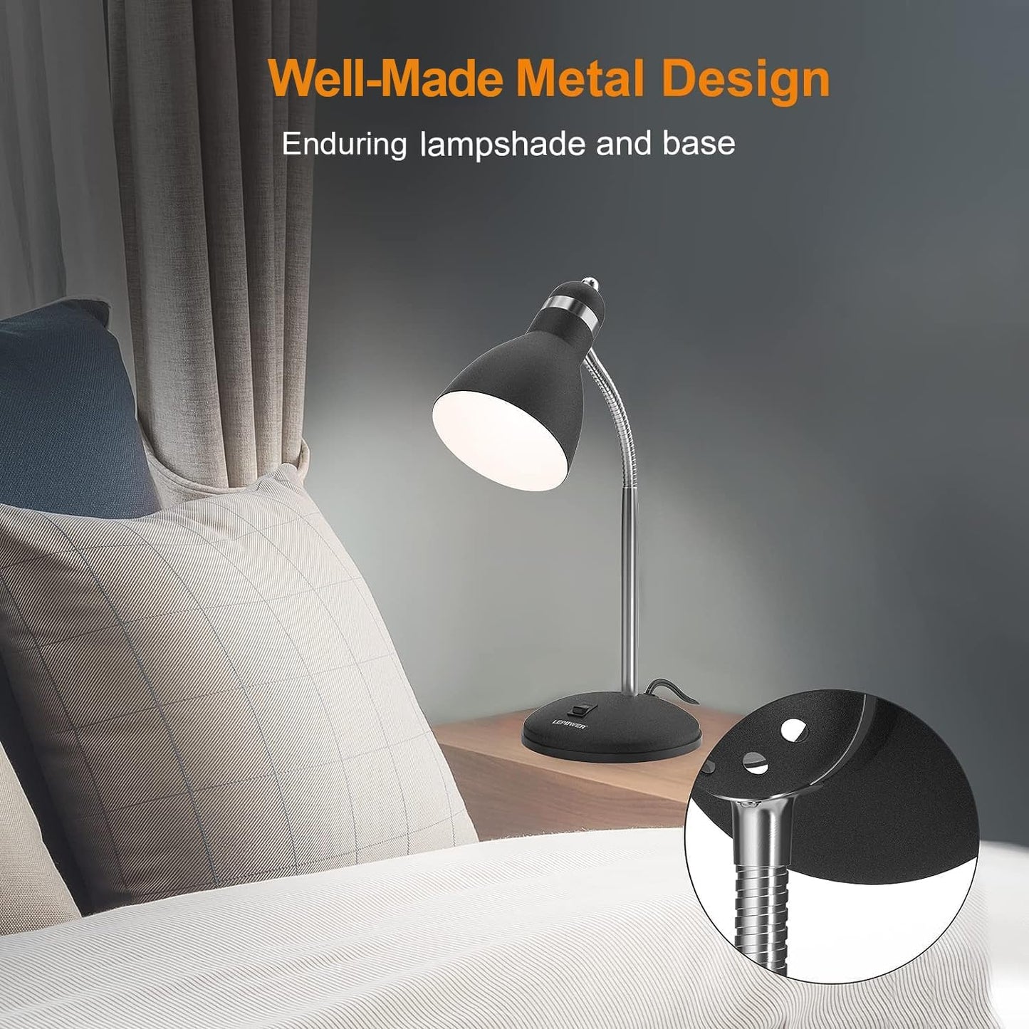 LEPOWER Metal Desk Lamp, Adjustable GooseNeck Reading Light for Bedroom | Compact & Sturdy, Space-Saving for Bedside & Dorm, E26 Table Lamp, Eye-Caring, Ideal for Study, Office, Back to School