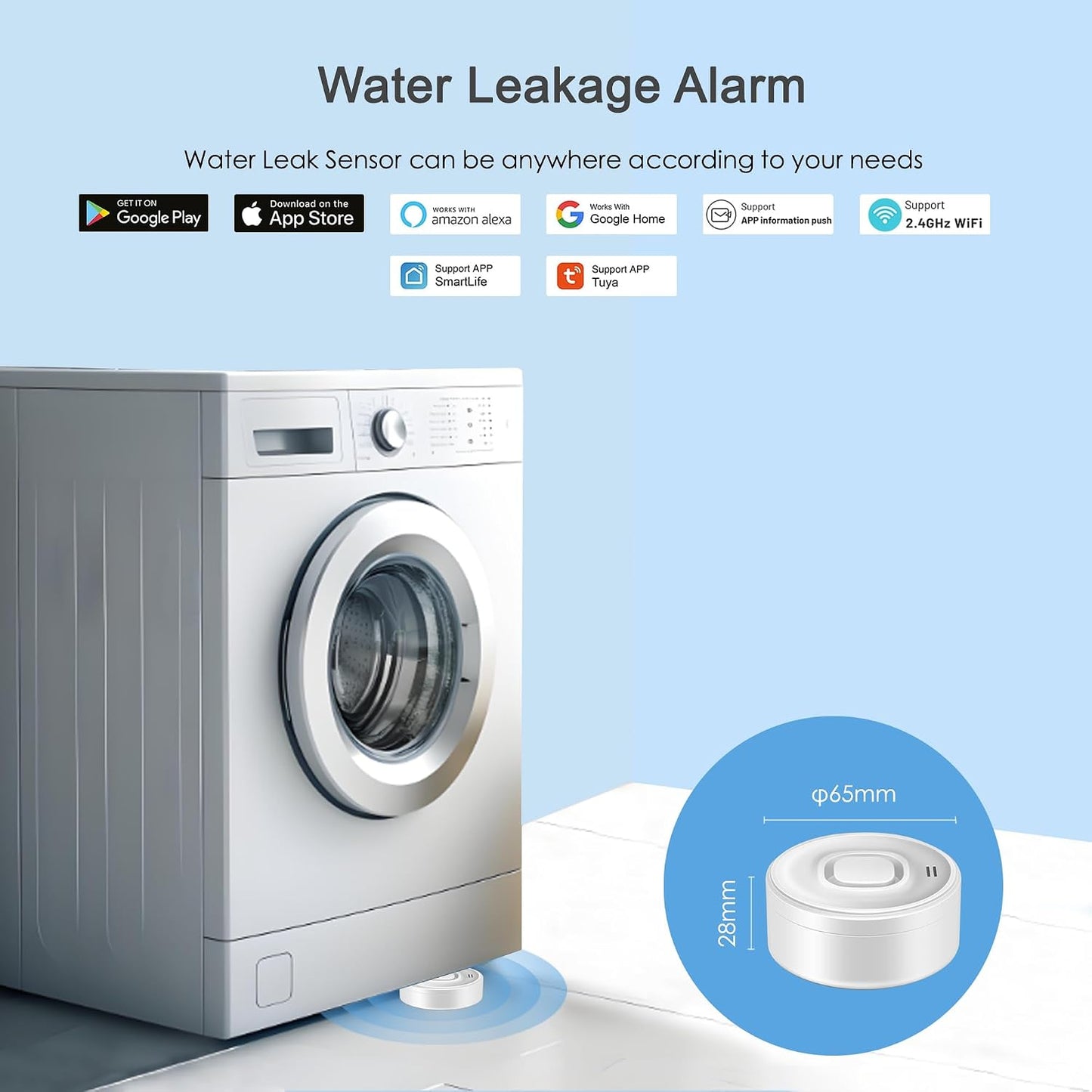 Wi-Fi Water Leak Detector: 100dB Water Sensor Alarm for Basement, Adjustable Alarm and App Alerts, Flood Leakage Detection Devices for Pipe/Drain/Sink/Faucet