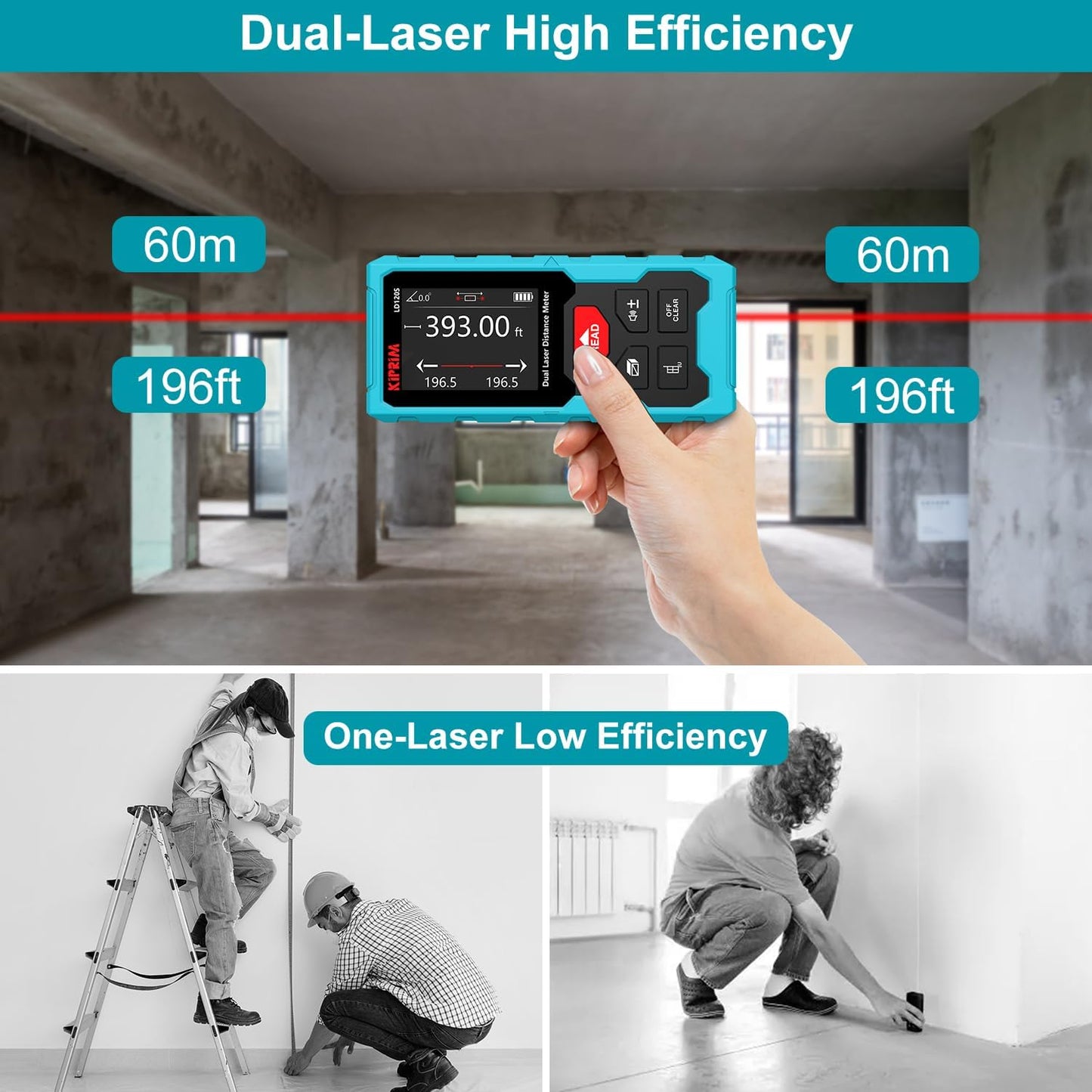 Kiprim LD120S Dual Laser Distance Meter,393ft/120m,Electronic Level,DIY | Dual‑laser measuring tool delivers precise 120m/393ft readings. Pythagorean function for DIY and construction projects.