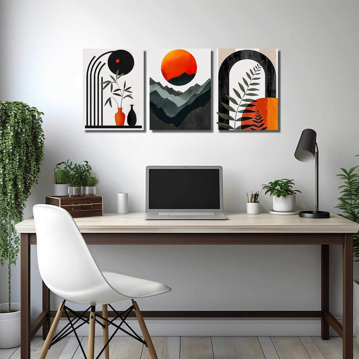 DNIEOTU Boho Wall Art for Living Room, Bohemian Canvas Wall-Decor for Bedroom, Mountian Moon and Geometric Shapes Picture Prints, Size 12 x 16 Inches 3-Pieces