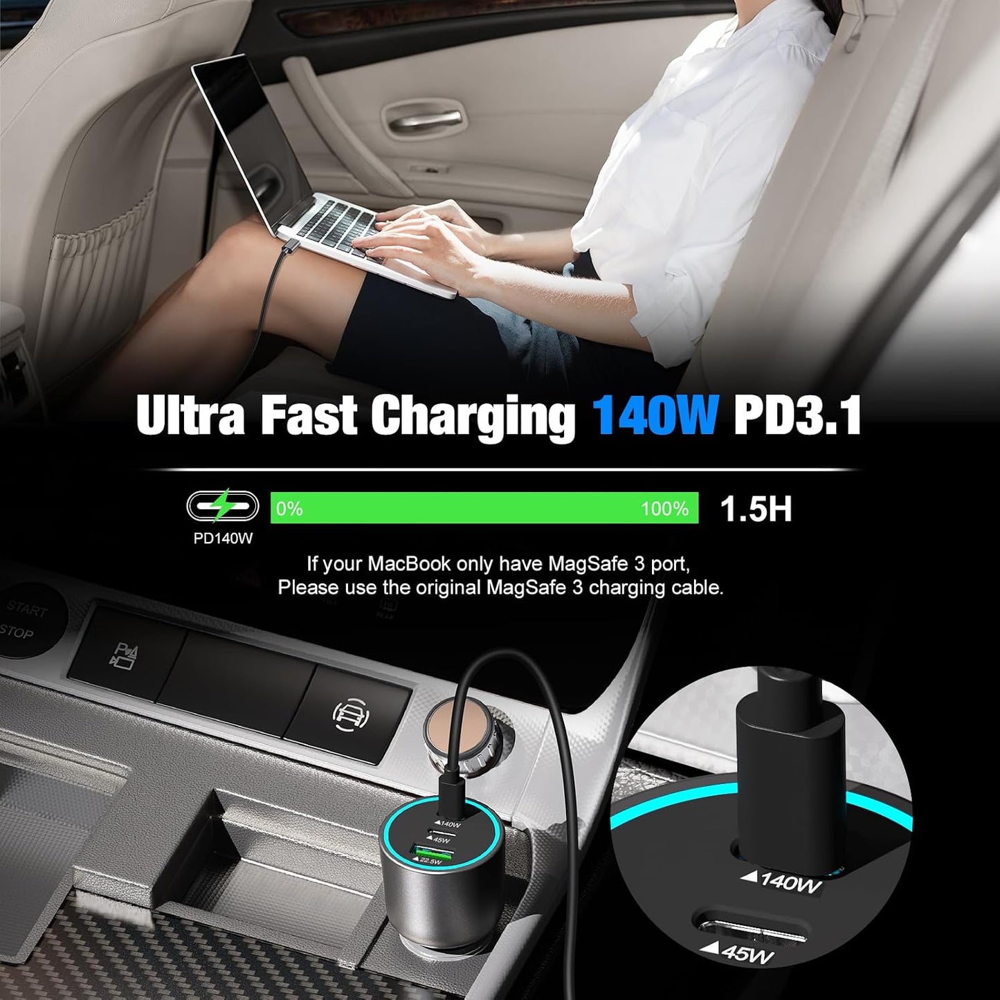 140W USB C Car Charger Super Fast Charging for iPhone 17/MacBook Pro/Laptop | for 17 Pro Max/Samsung S26/S25/MacBook Air/ThinkPad/HP Notebook/Chroemebook,PD3.1 140W/100W/PPS 45W,3.3ft Type C E-Mark Cord