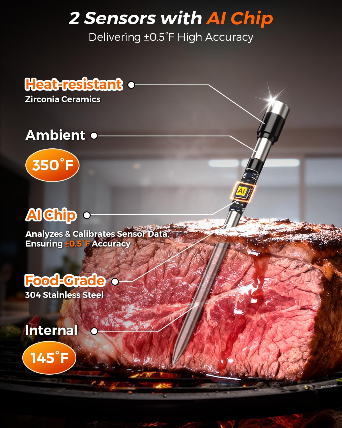 2025 AI Wireless Meat Thermometer, Smart Bluetooth Meat Thermometer Digital, ±0.5°F High Accuracy, Grill Temperature Probe for BBQ, Grilling, Smoker, Oven, Cooking, Air Fryer, 1 Probe