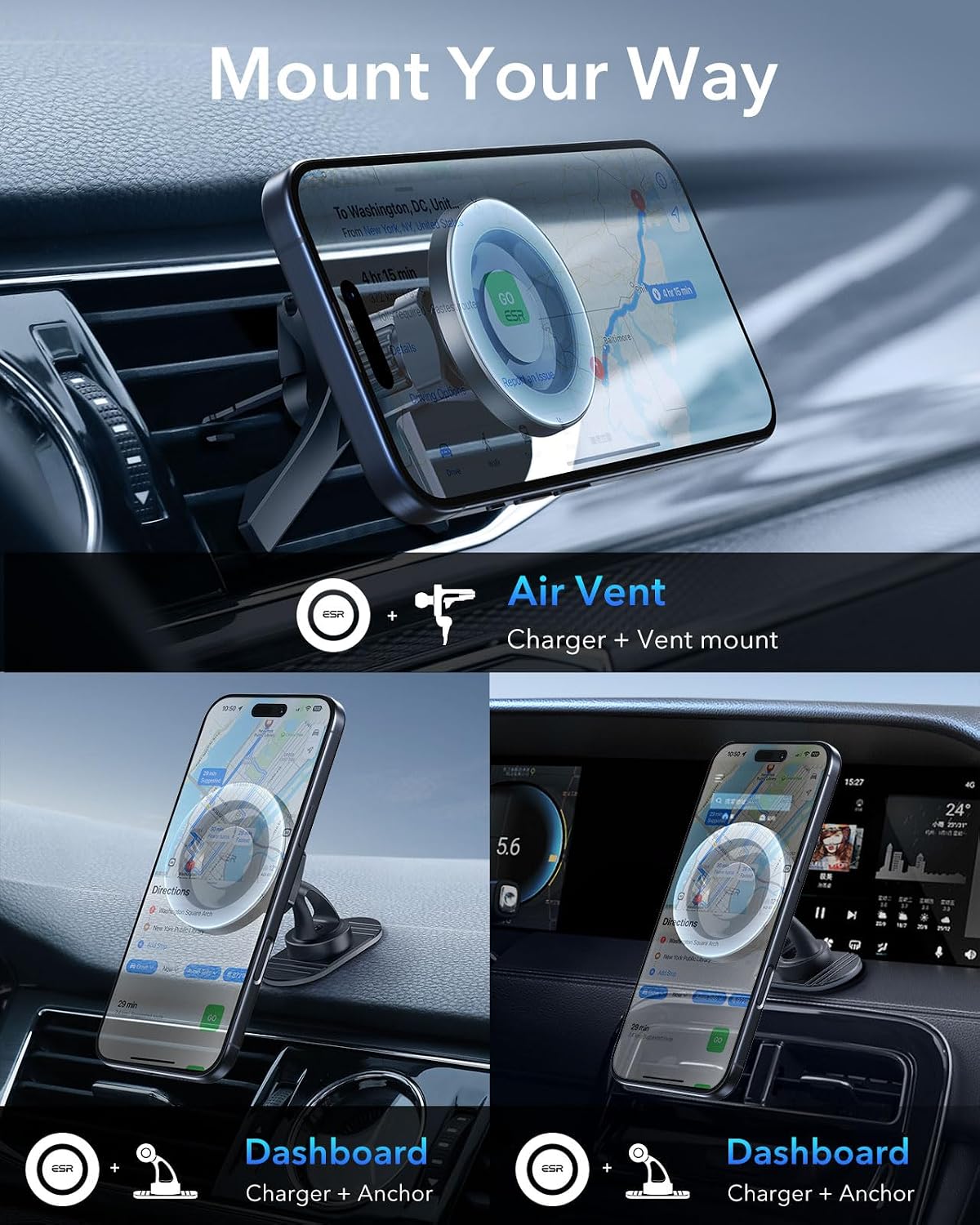 ESR for MagSafe Car Mount, Car Phone Holder for iPhone 17-12,Samsung/Google | Magnetic Phone Holder for Air Vent/Dashboard, for All Smartphones(2 Metal Rings Included), Charging Not Supported, Black