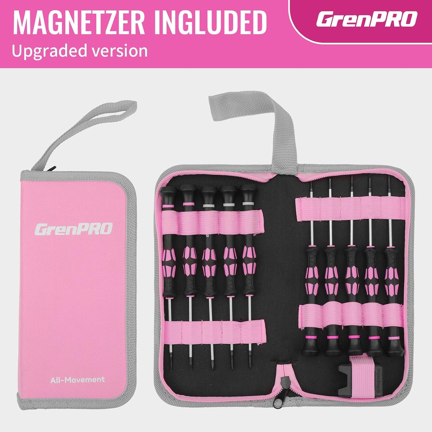 GRENPRO 10-Piece Precision Screwdriver Set, Magnetic Small Screwdrivers with Phillips, Slotted, Torx Star for Eyeglass, Watch, Computer, Laptop, Phone,Pink