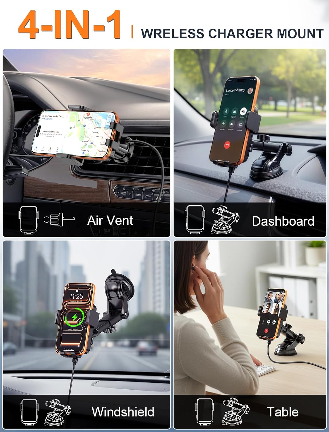 Wireless Car Charger Auto Clamping LED Car Charger Dash Windshield Air Vent | Phone Holder Compatible with iPhone 17 16 15 14/13/13 Pro/12 pro/12/11/X/8, Samsung S24/S23/S22 Series
