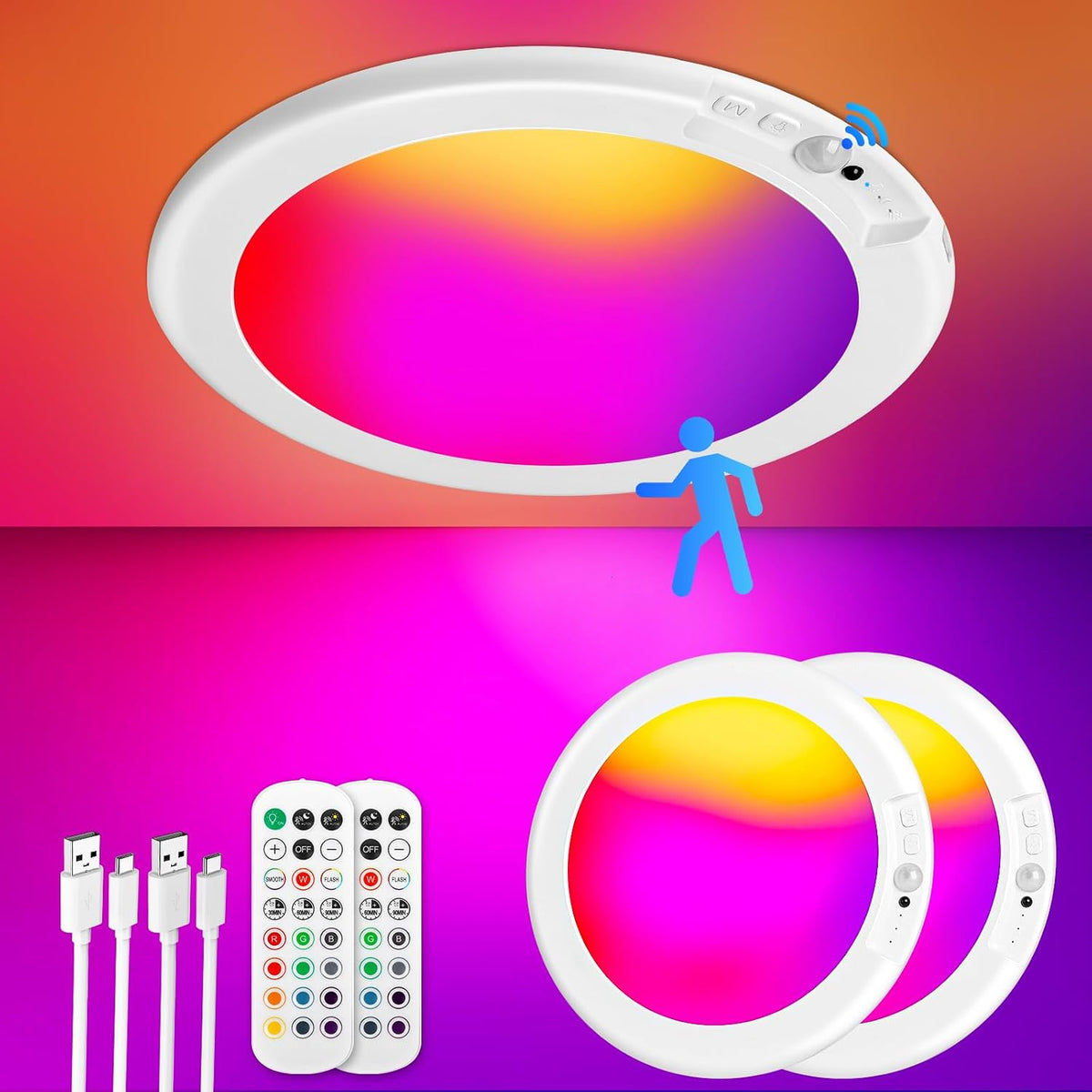 Rechargeable Motion Sensor Ceiling Light, Battery Closet Light 12 RGB Color