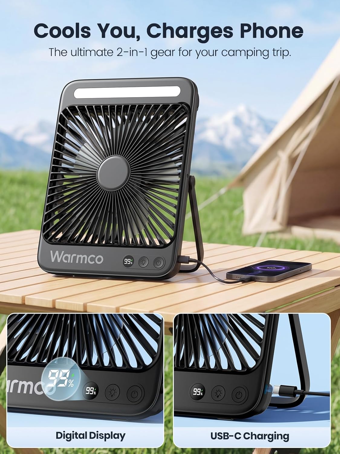 Warmco D4 Battery Powered Camping Fan 20000mAh, LED Lantern | Up To 48H Runtime, Ultra-Slim Quiet 8-Inch Fan, Digital Display & Hook for Tent, Bedroom, Outdoor & Travel