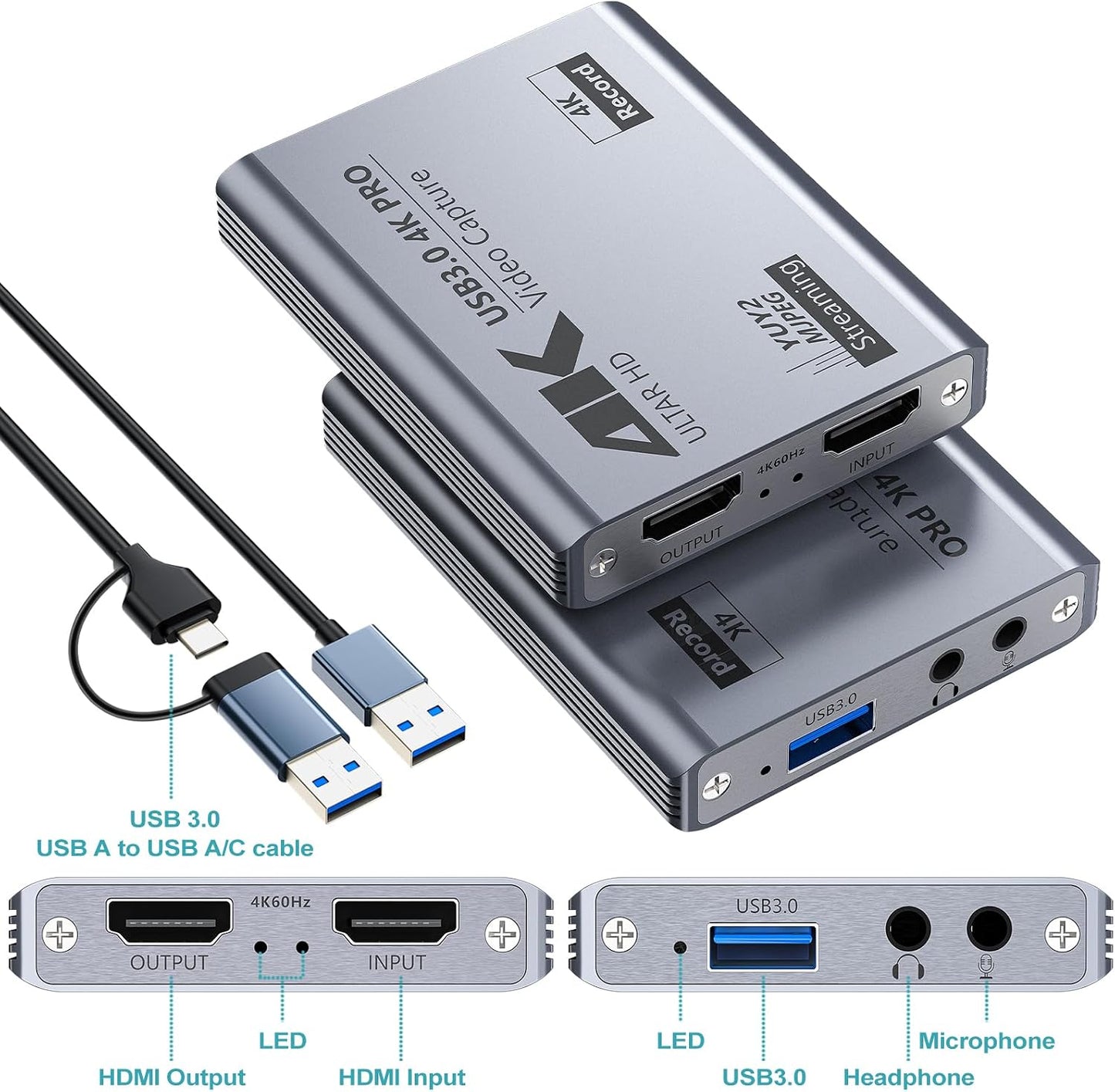 USB 3.0 4K Video Capture Card for PS5/Switch/Xbox/PC | 1080P60Hz/2K30Hz/4K18Hz Capture, 4K60Hz HDMI Loop-Out, High-Speed Interface, OBS Compatible, Near-Zero Latency, Plug & Play