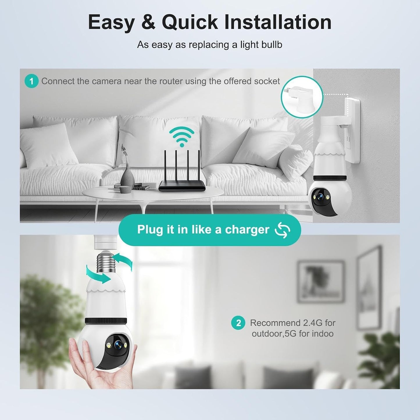 Hawkray Light Bulb Security Camera Wireless Outdoor Indoor-5&2.4GHz Dual Band WiFi,360° Pan-Tilt,2K Color Night Vision,Motion Detection & Siren Alarm,Two-Way Audio