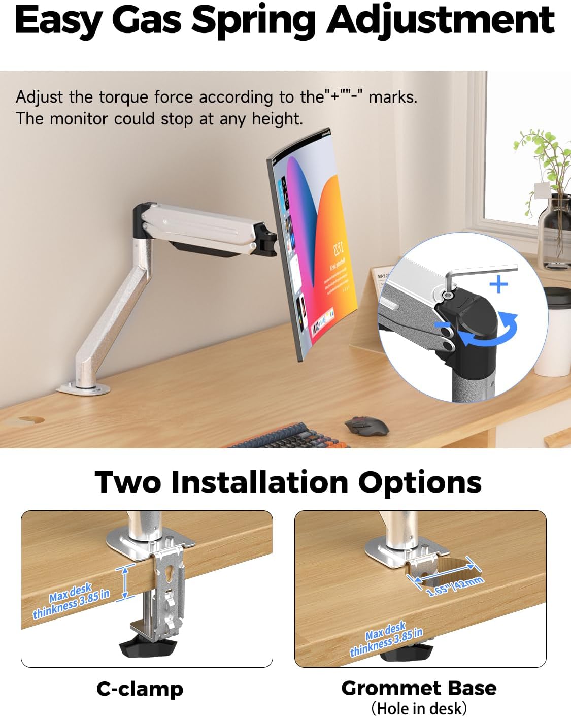 Suptek Single Monitor Mount,Adjustable Gas Spring Monitor Arm Desk Mount Stand Fits 17 20 22 23 24 26 27 32 33 35 36 inch,Holds up to 25 lbs, Silver(MD9S)