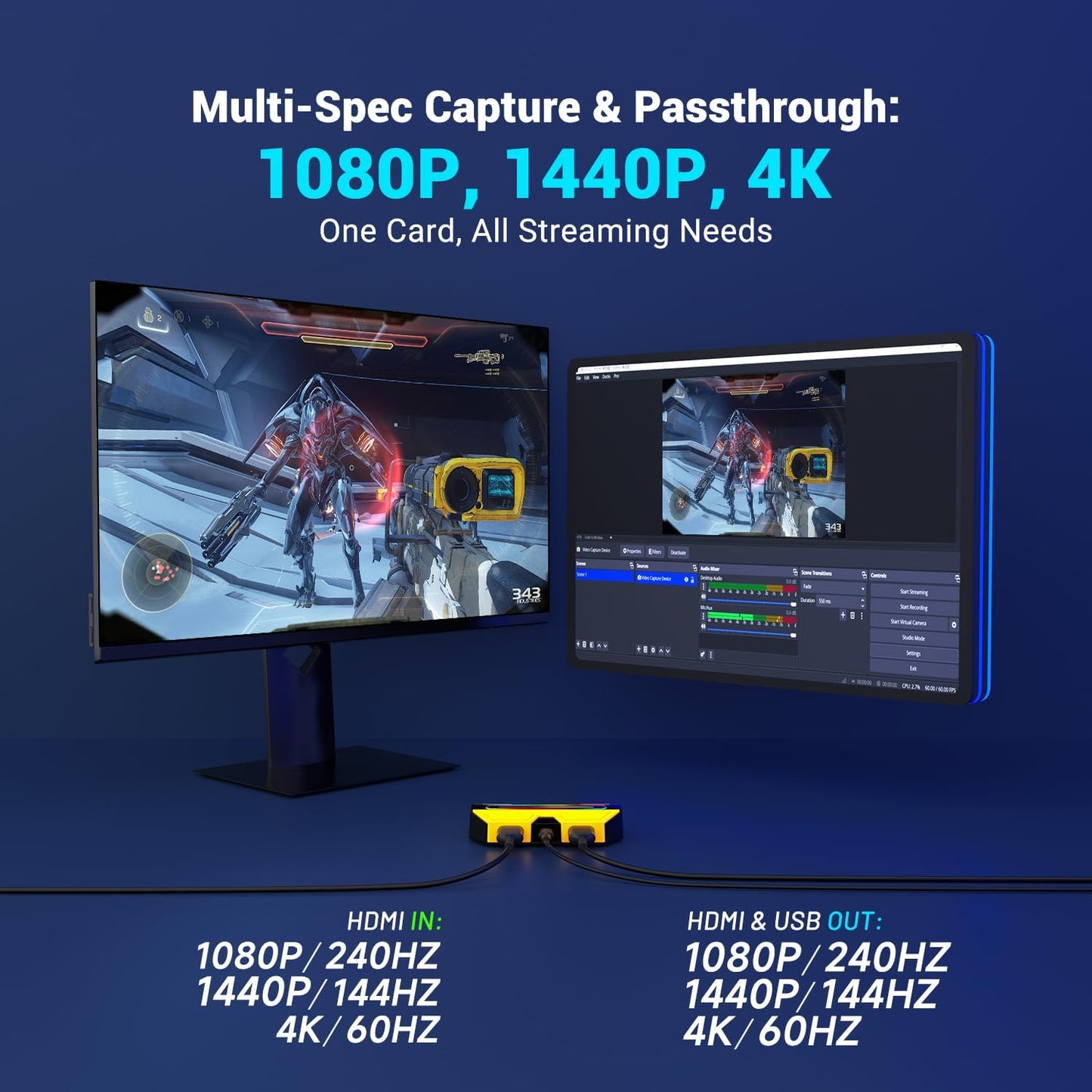 BlueAVS Multi-Spec HDMI Video Capture Card for Streaming, 4K60 1440P144 1080P240 High-frame Capture Card, USB-C External Capture Card for PS5, Xbox Series X/S, Switch, Compatible with PC, Mac, OBS