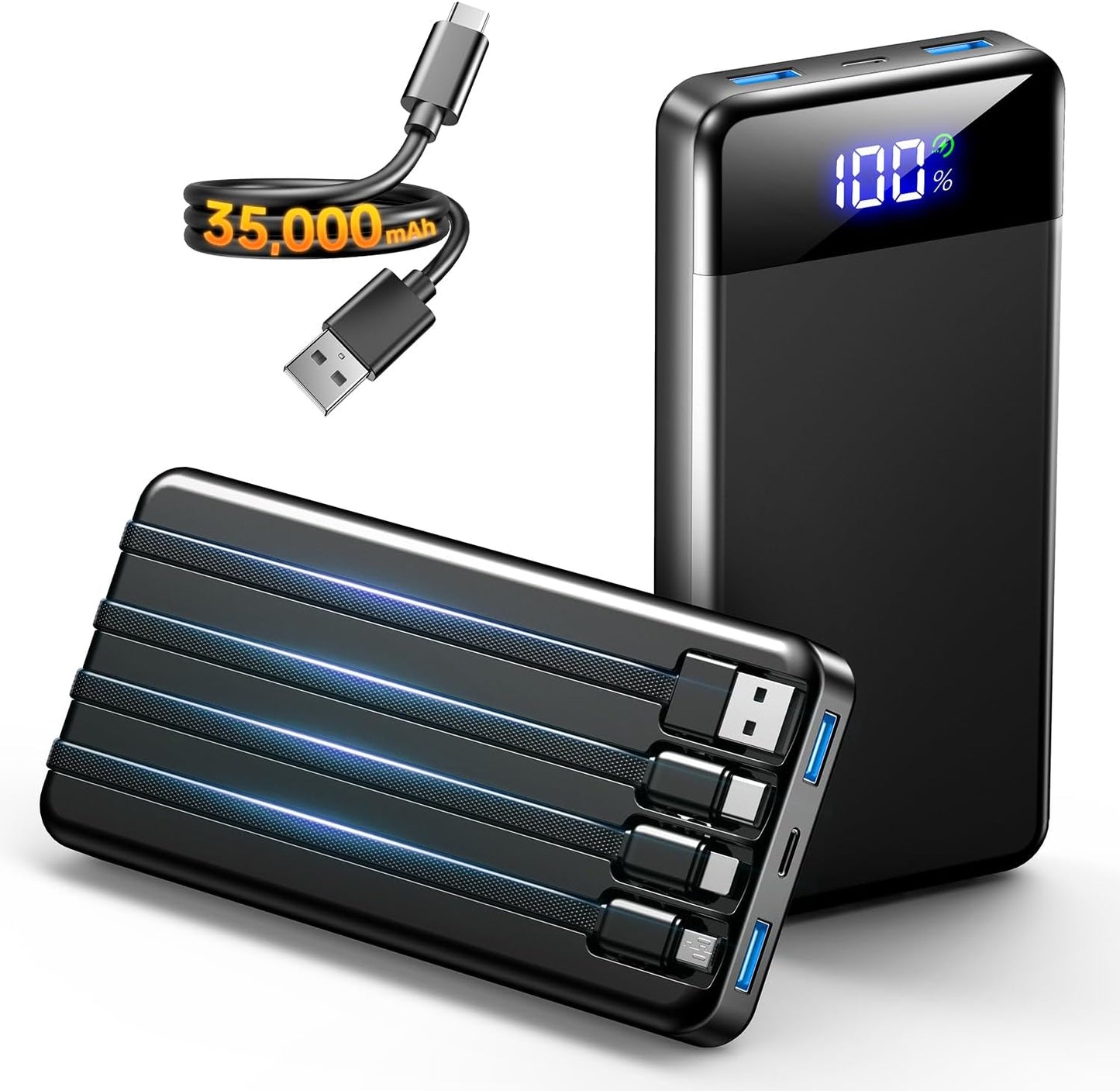 SABANI Portable Charger 35000mAh Power Bank, 4 Built in Cable Big Capacity | Ultra Slim, 22.5W Fast Charge, Travel Camping Essential, USB C External Battery Pack for iPhone Samsung Android, Black