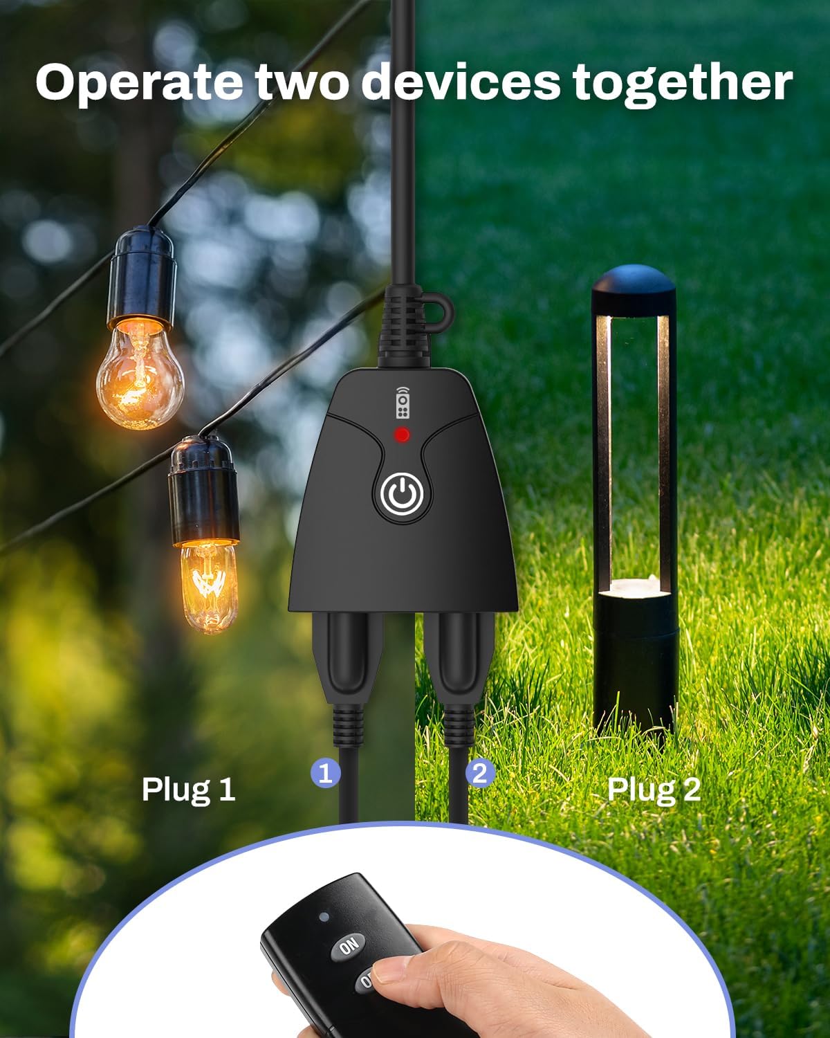 HBN Remote Control Outlets Outdoor Waterproof Indoor Wireless Light Switch | 3-Prong Dual Plugs In On Off Remote Outlet with 1 Outlet 1 Remote (Battery Included),6 Inch Cord, 100FT,15A/1875W, ETL Listed