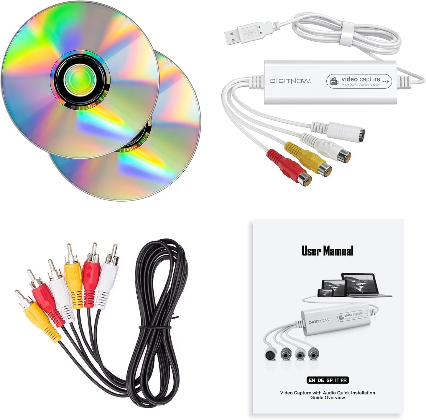 VHS TO Digital Converter, USB Video Capture Card, Video Capture Device, RCA TO USB Converter,Convert VHS VCR Hi8 Mini DV to Digital/DVD,For Tape Player Camcorder Camera PC TV,Windows Mac OS Compatible