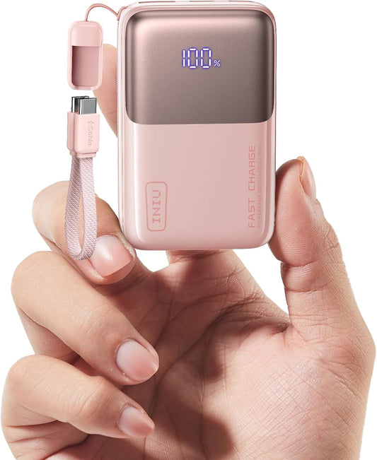 INIU Portable Charger, Ultra Mini 10000mAh 45W Fast Charging Power Bank | Flight-Safe, USB-C Cable, Travel Essential, 45W Battery Phone Pack for iPhone 17 16 Samsung S26 Google iPad etc, Light Pink