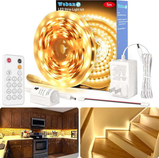 WOBANE 16.4ft Motion Sensor LED Strip with Remote,Warm White Tape Lighting