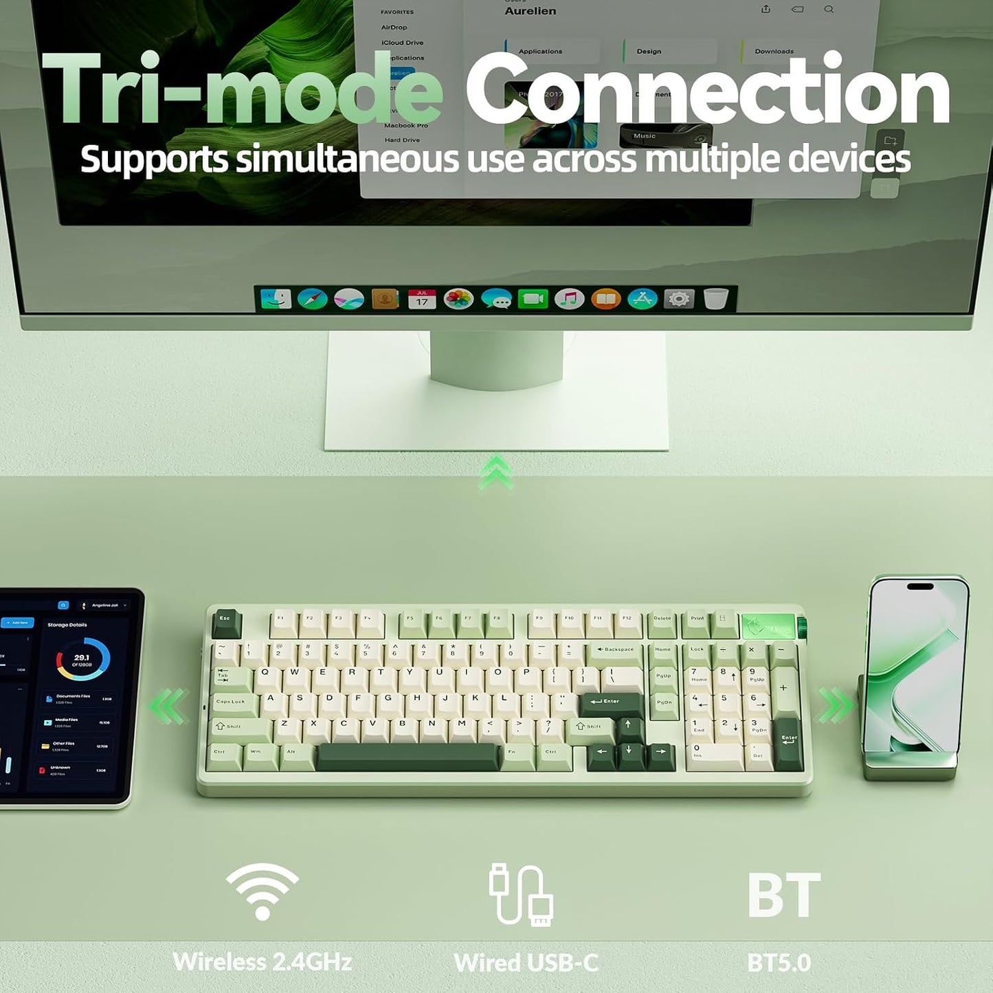 CORBOBO LEOBOG A98-96% Mechanical Keyboard Wireless, Tri-Mode BT5.0/2.4GHz/USB-C, Creamy Keyboard with Number Pad, Gasket Structure Hot Swappable, RGB Backlit Green Gaming Keyboards with Knob for PC