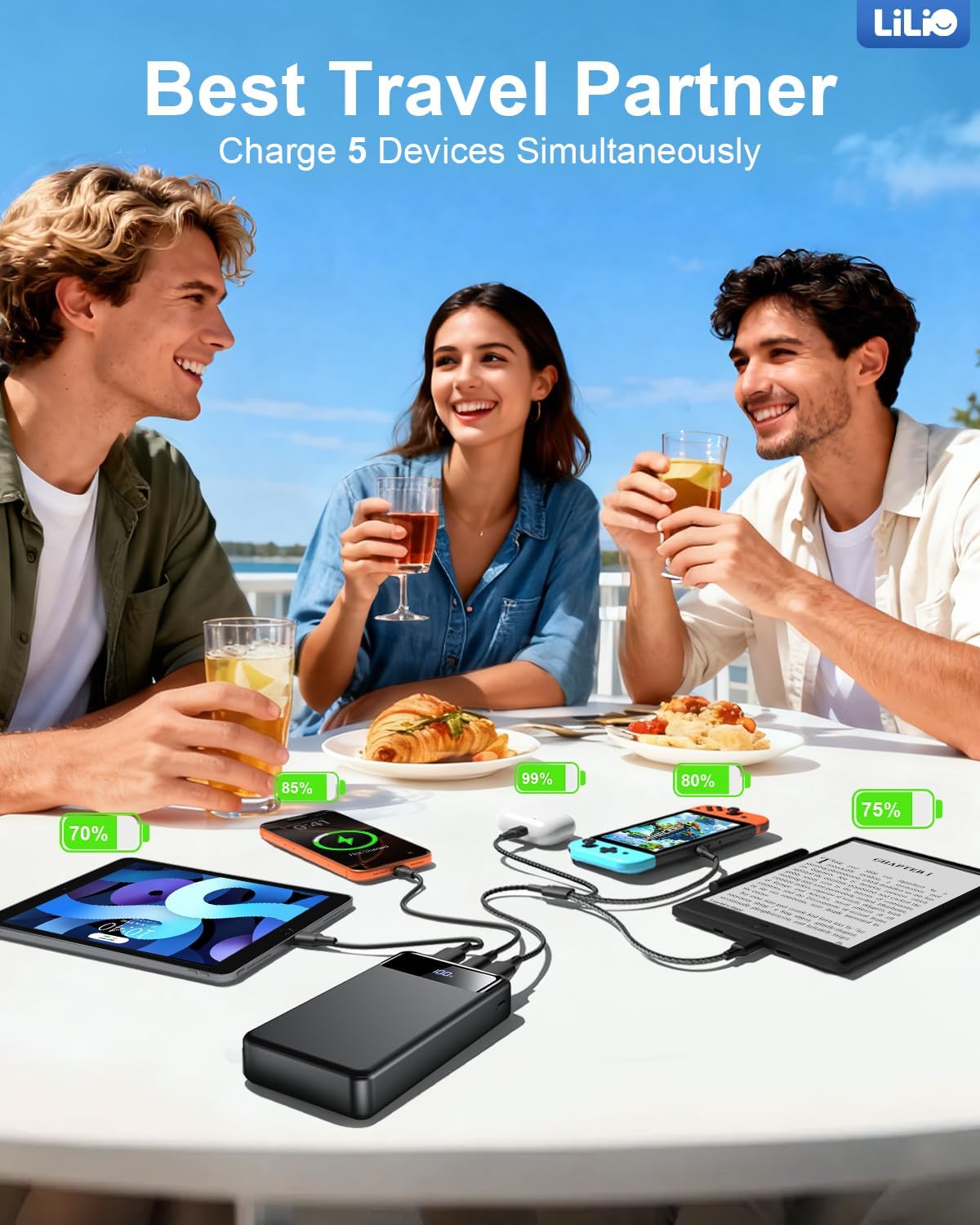 LILIO 60000mAh Portable Charger, 22.5W Fast Charging with 3 in 1 Cable | Charges 5 Devices, LED Display, Fits Camping, Road Trips, Hiking, Emergencies, for iPhone 17-12/Samsung/Android/iPad