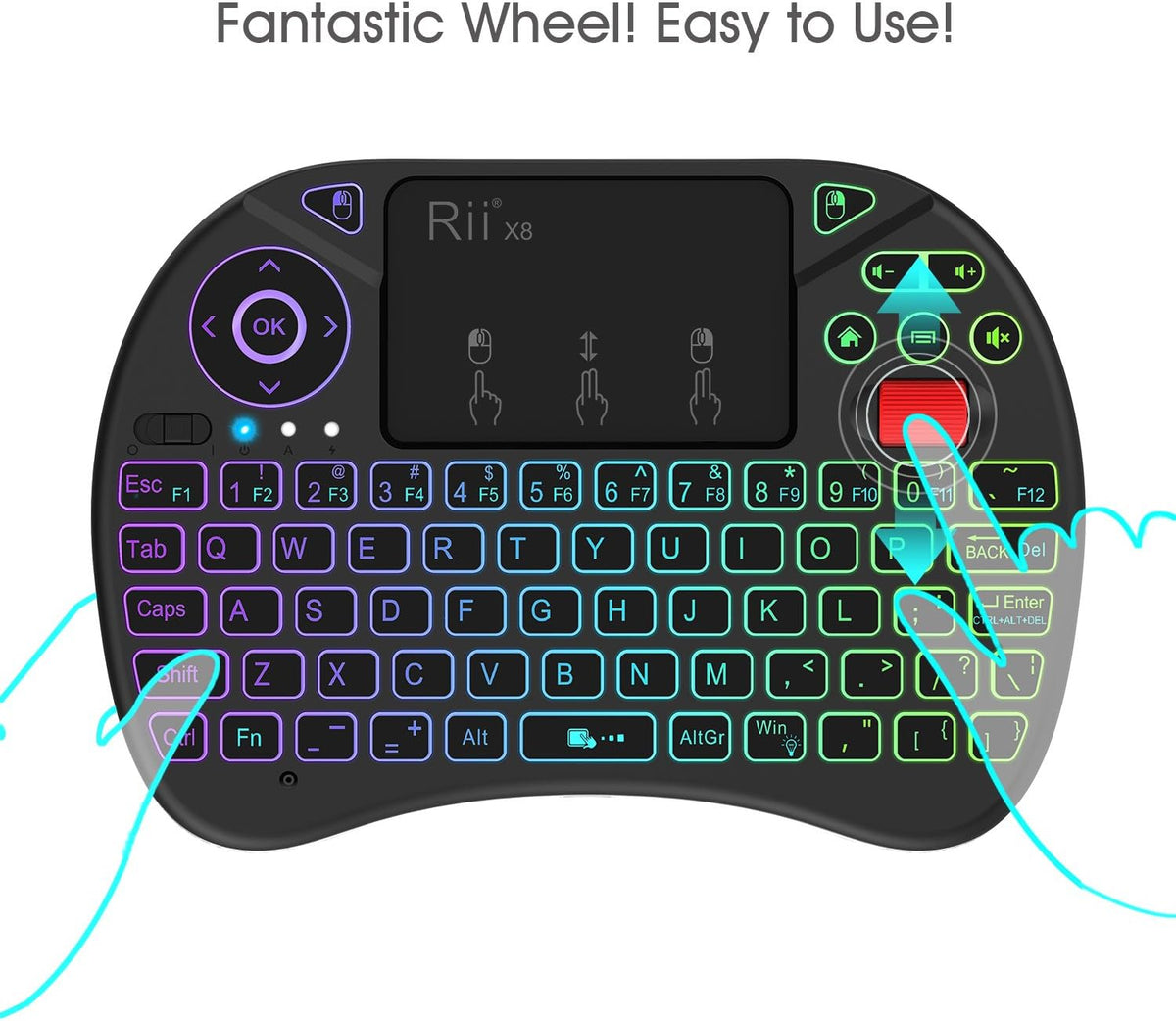 Rii X8 Mini Keyboard,2.4G Wireless,with Touchpad Mouse for Android TV Box | RGB Backlit,Rechargeable Battery,Easy meadia control,Built-in Touchpad for PC/HTPC/IPTV/Nvidia Shield