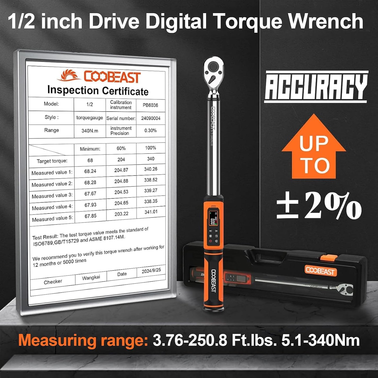 coobeast 1/2 Drive Digital Torque Wrench(3.76-250.8 Ft.lbs./5.1-340Nm) | Preset Value Torque Wrench with ±2% accuracy, Buzzer and LED Flash Five Units of Measure for Motorcycle, Auto Repair