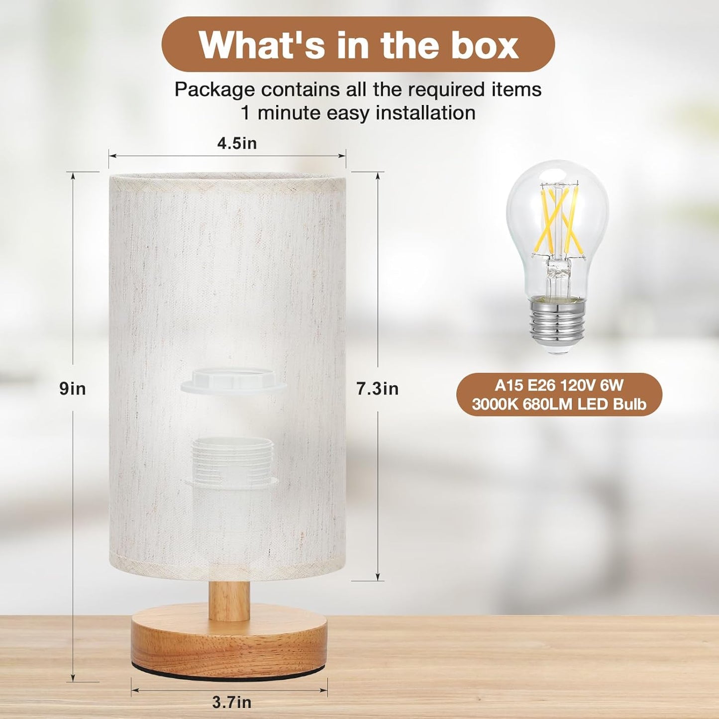 9" Small Table Lamp for Bedroom - Inline Control with 3000K Blub | Cream Shade and Wood Base | 680 Lumens | Easy Assembly | Minimalist Design | E26 | for Kitchen | for Kids Room
