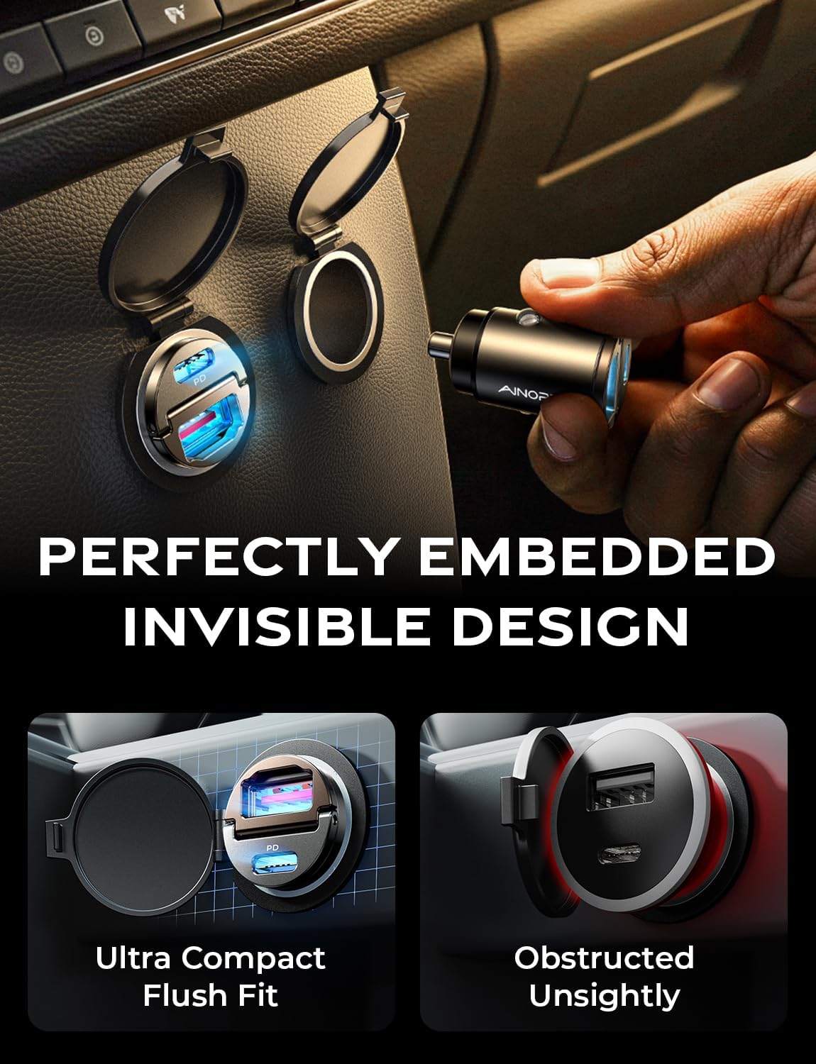 AINOPE 90W for iPhone 17/16/15 Pro Max Car Charger USB C Fast Chage, [Mini&Metal] Invisible Cigarette Lighter Adapter with 3FT USB C to C Cable, Car Accessories for Mother Him Her, Adapter for iPhone