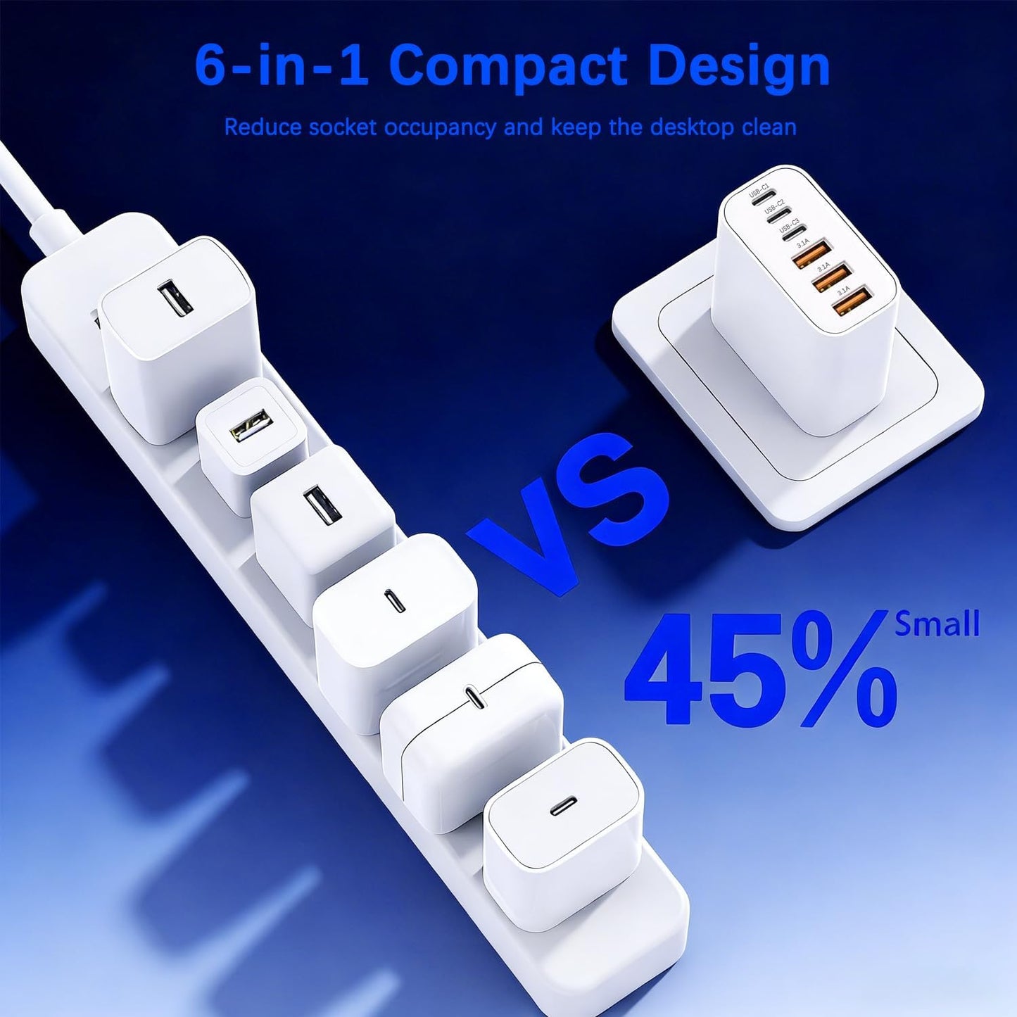 65W USB C Charger Block,3Pack 6-Port Type C Fast Phone Charging Block Cube PD Multiport USB C Power Adapter+QC 3.0 USB A Wall Plug for Apple iPhone 17/16/15/14/13/12/11 Pro Max/Plus/Air,iPad,Galaxy