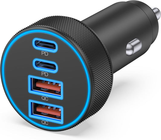 USB C Car Charger, 4-Port 90W Super Fast Charging Cigarette Lighter Adapter | [4 in 1] Dual 45W USBC & USB-A, Multiport Car Phone Charger Accessories, for iPhone 17 16 15 14 13 12, iPad, Galaxy, Tablet