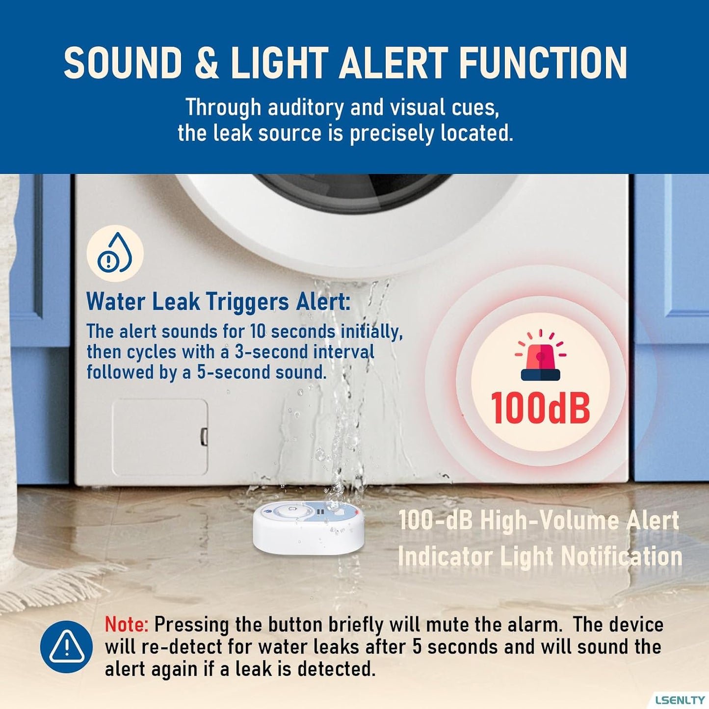 LSENTLY Water Leak Detector Supports 5 Years Standby Time, LED Indicator & 100dB Leak Alarm & Low Battery Reminder Water Alarm, IP66 Waterproof for Home Tub Sinks Washer (Cannot Connect Wi-Fi)