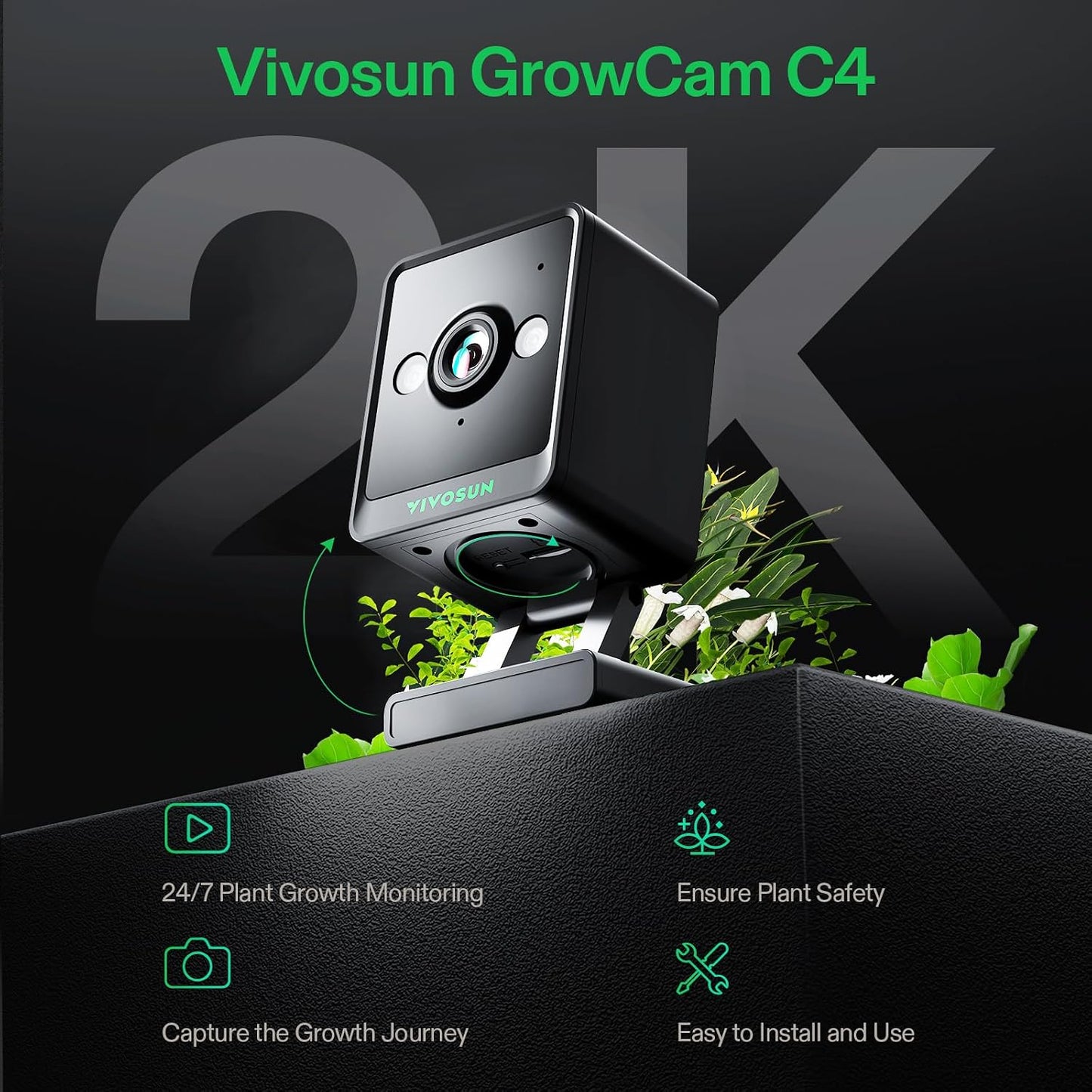 VIVOSUN GrowCam C4, 2K QHD WiFi Smart Camera for Grow Tent & VGrow Smart Grow Box, Supports 2.4GHz WiFi (Not 5GHz/6GHz), Timelapse, Night Vision, SD Card Storage, 2-Way Audio, App Control