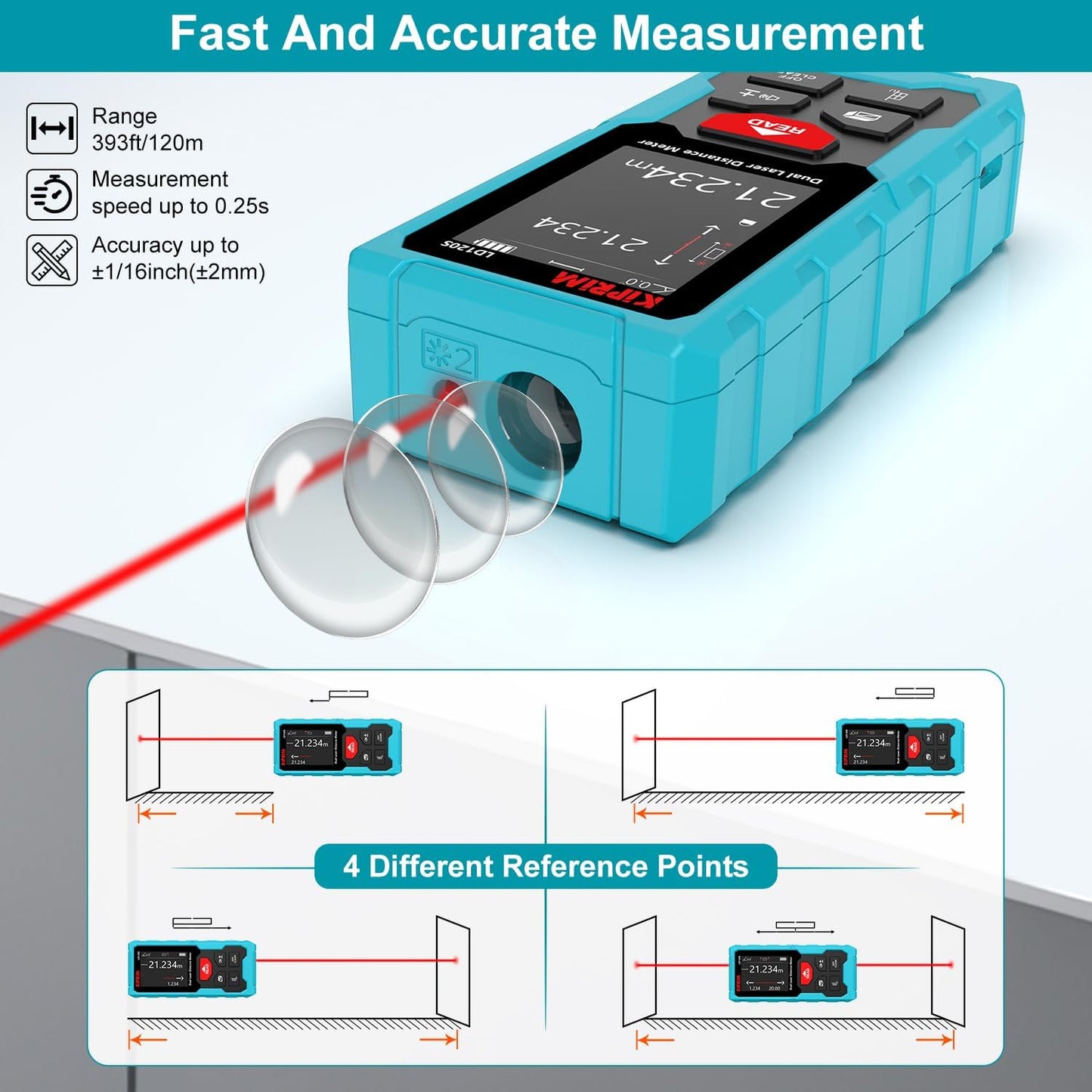 Kiprim LD120S Dual Laser Distance Meter,393ft/120m,Electronic Level,DIY | Dual‑laser measuring tool delivers precise 120m/393ft readings. Pythagorean function for DIY and construction projects.