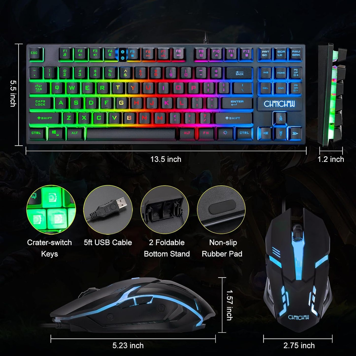 TKL Gaming Keyboard Mouse, Wired LED Keyboard RGB Mouse for PS4 Xbox PC Mac | 87 Keys Gaming Keyboard and 800-3200 DPI Rainbow Backlit Mouse