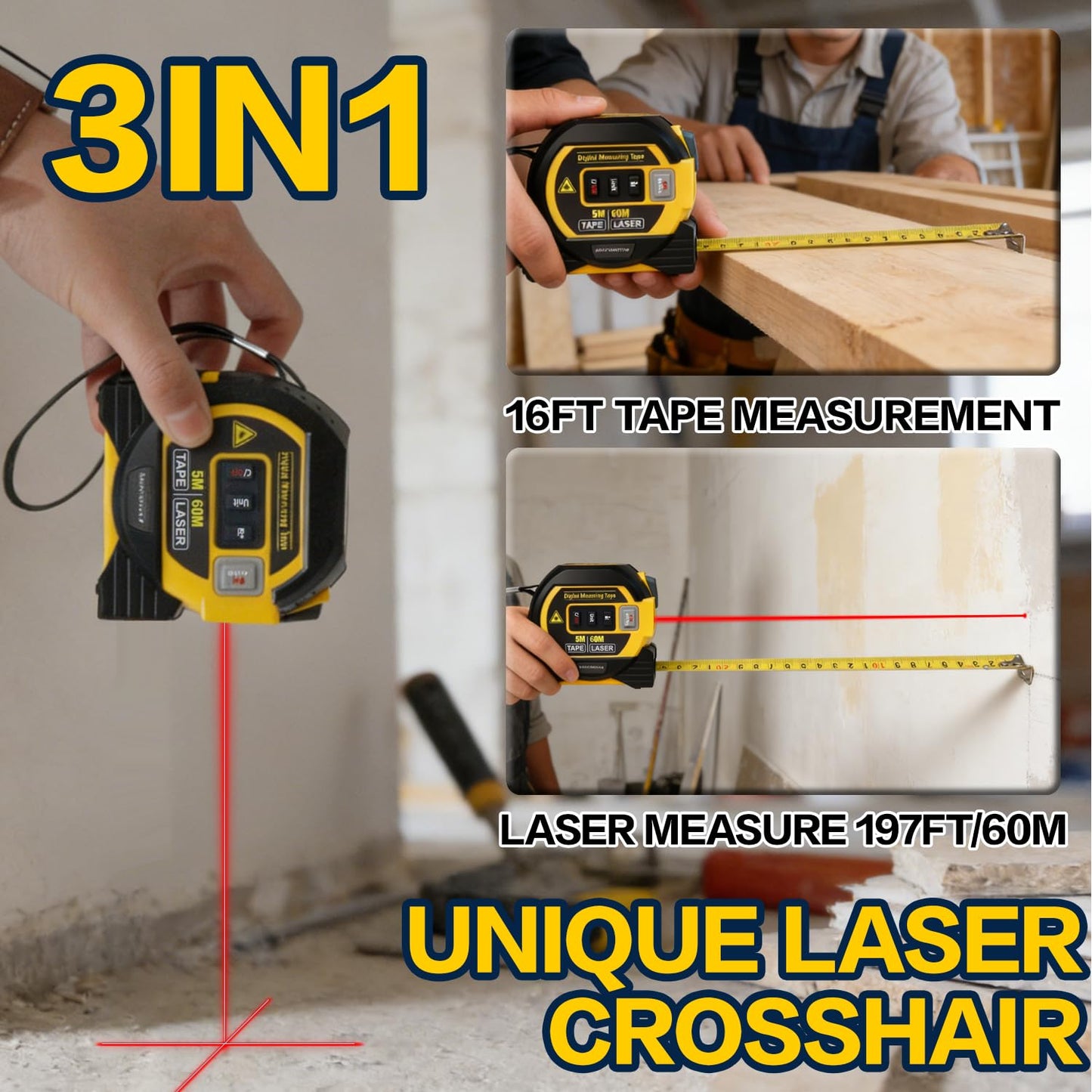 2026The Ruler 3-in-1 Measuring Tape, Tools Tape Measure, 3-in-1 Rangefinder with Led Display, 3 in 1 Digital Tape Measure with Cross Line, AutoLock, Measure Area, Volume, Pythagorean ﻿