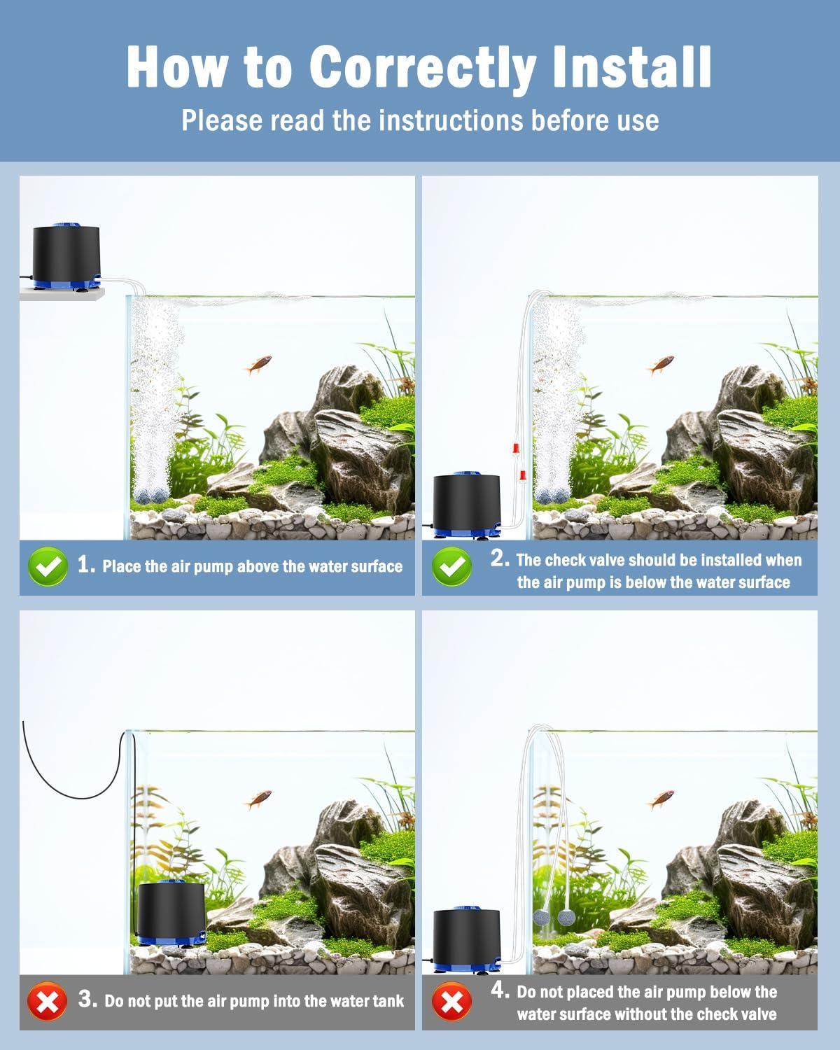 AQQA Aquarium Air Pump, 3W Powerful Dual Outlet Adjustable Oxygen Aerator | Quiet Operation, Stainless Steel Outlet Fish Air Pump, Adjustable Air Flow with Air Stone Bubbler, for Up to 80 Gallon Tank
