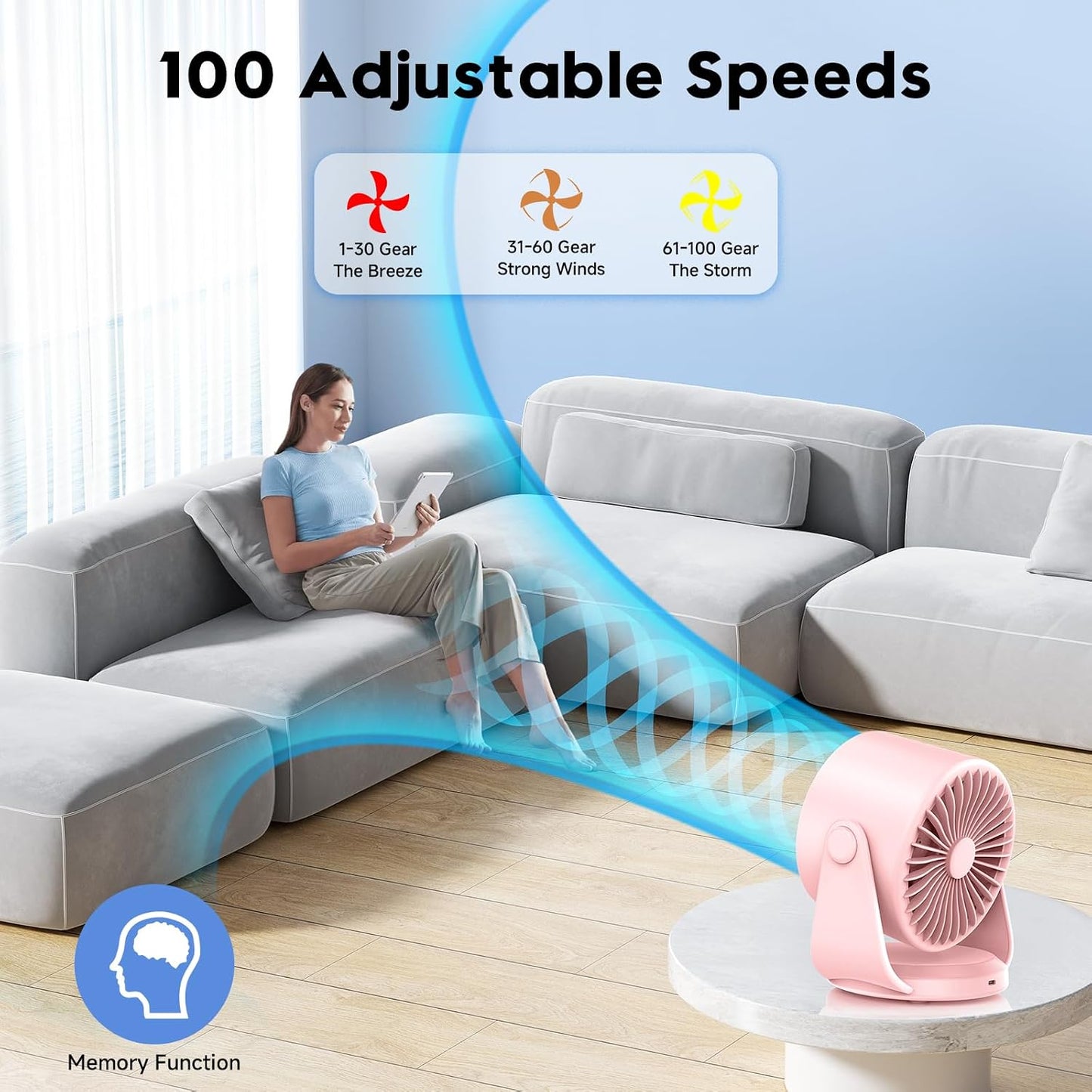 YOSHENMO Desk Fan, Turbo Table Fan for Bedroom, 100-Speed Digital Display, Low Noise, 105° Adjustable Tilt, 7.5-inch, Rechargeable Battery, Wall-Mouted Design for Home, Office, Travel Pink