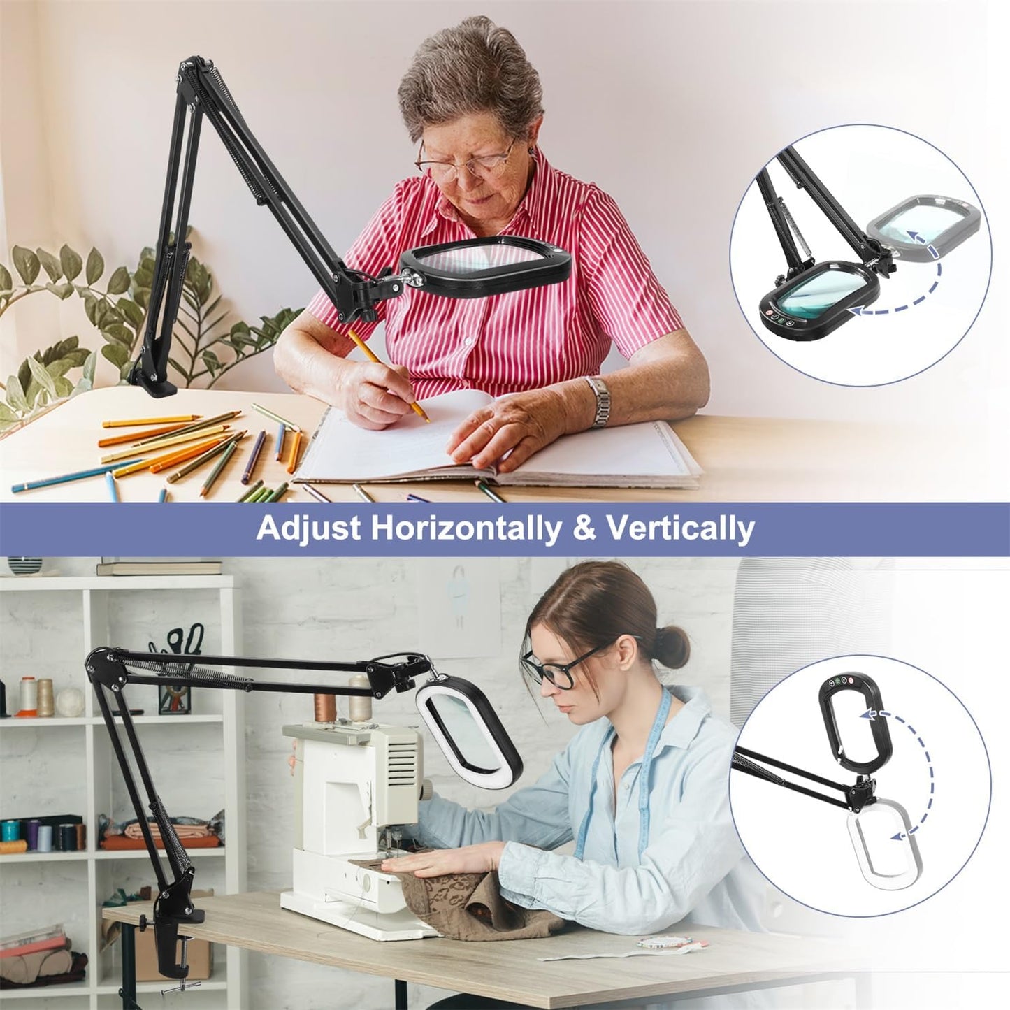 10X Large Magnifying Glass with Light and Clamp, Real Glass, 5 Color Modes, Stepless Dimmable, Lighted Magnifier with Stand Hands Free, LED Swing Arm Desk Lamp for Close Work, Craft, Reading, Painting