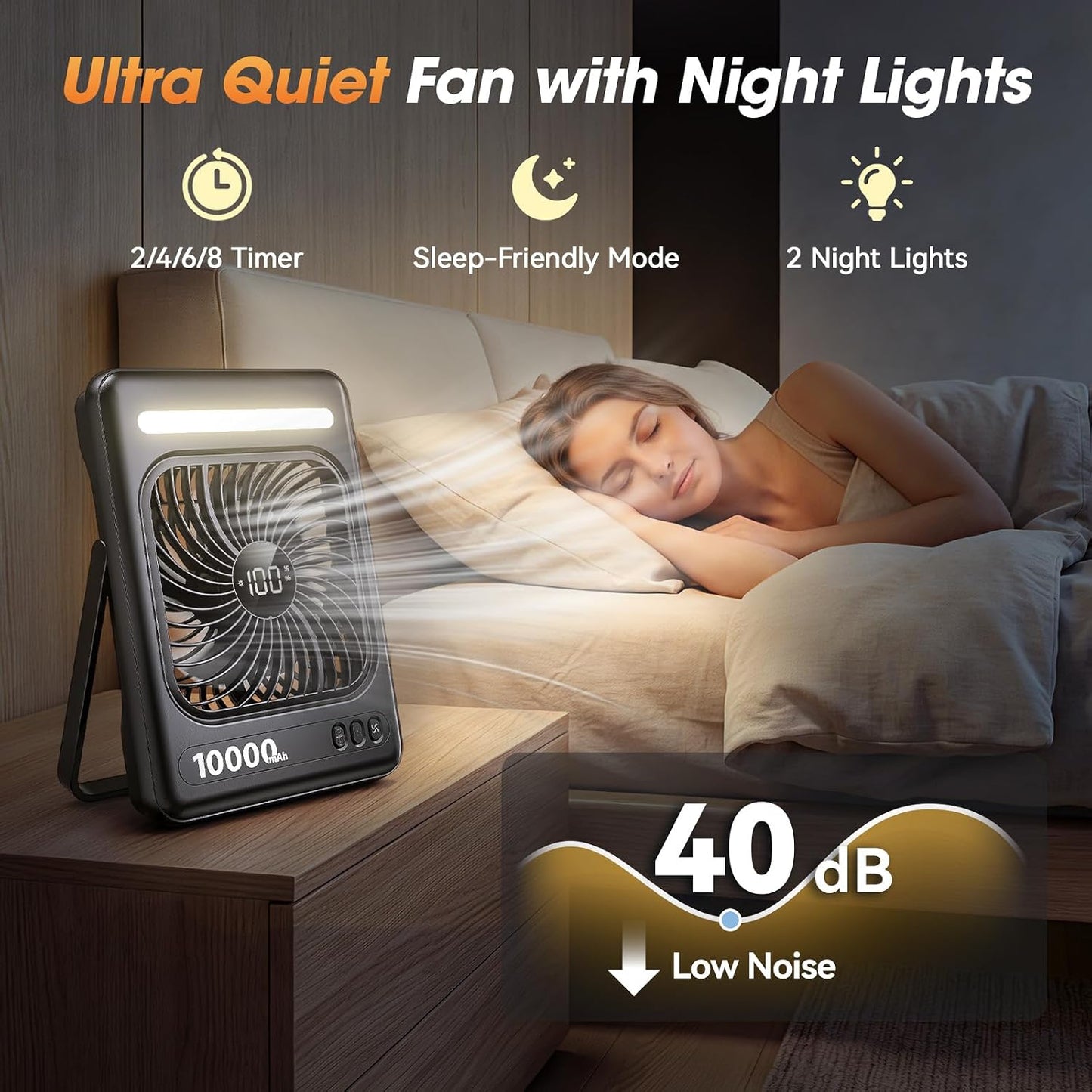 10000mAh Portable Travel Fan, 5 Speeds Strong Wind Cruise Fan with LED Lantern, 24H Runtime Personal Rechargeable Fan, 2/4/6/8H Timer, Ultra-thin Quiet Desk Fan for Camping, Office, Bedroom, Beach