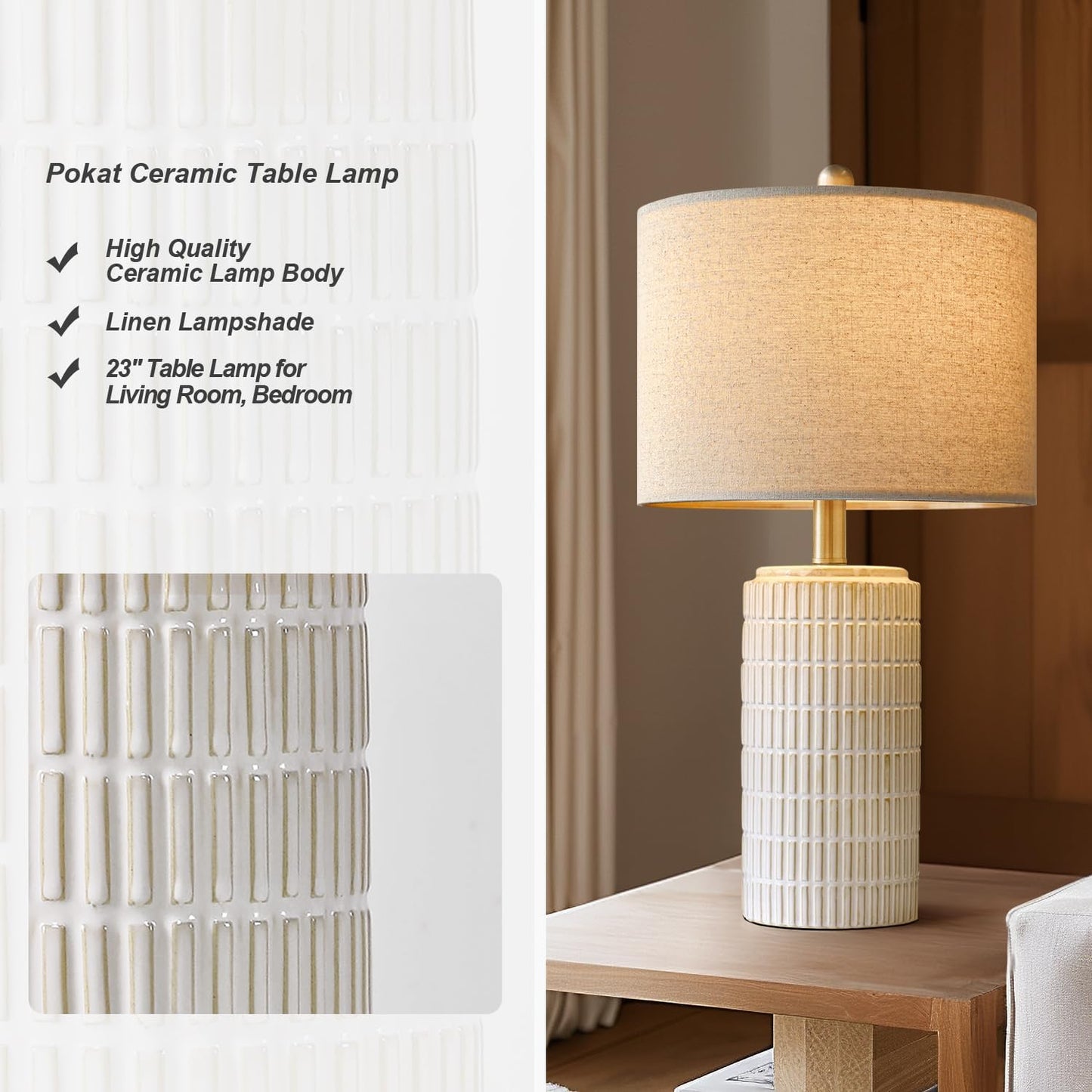 PoKat 23" Modern Ceramic Table Lamp Set of 2 for Living Room Bedroom, White | Nightstand Lamps for Bedside, farmhouse end table & desk light, ideal housewarming gift, new home decor for women mom