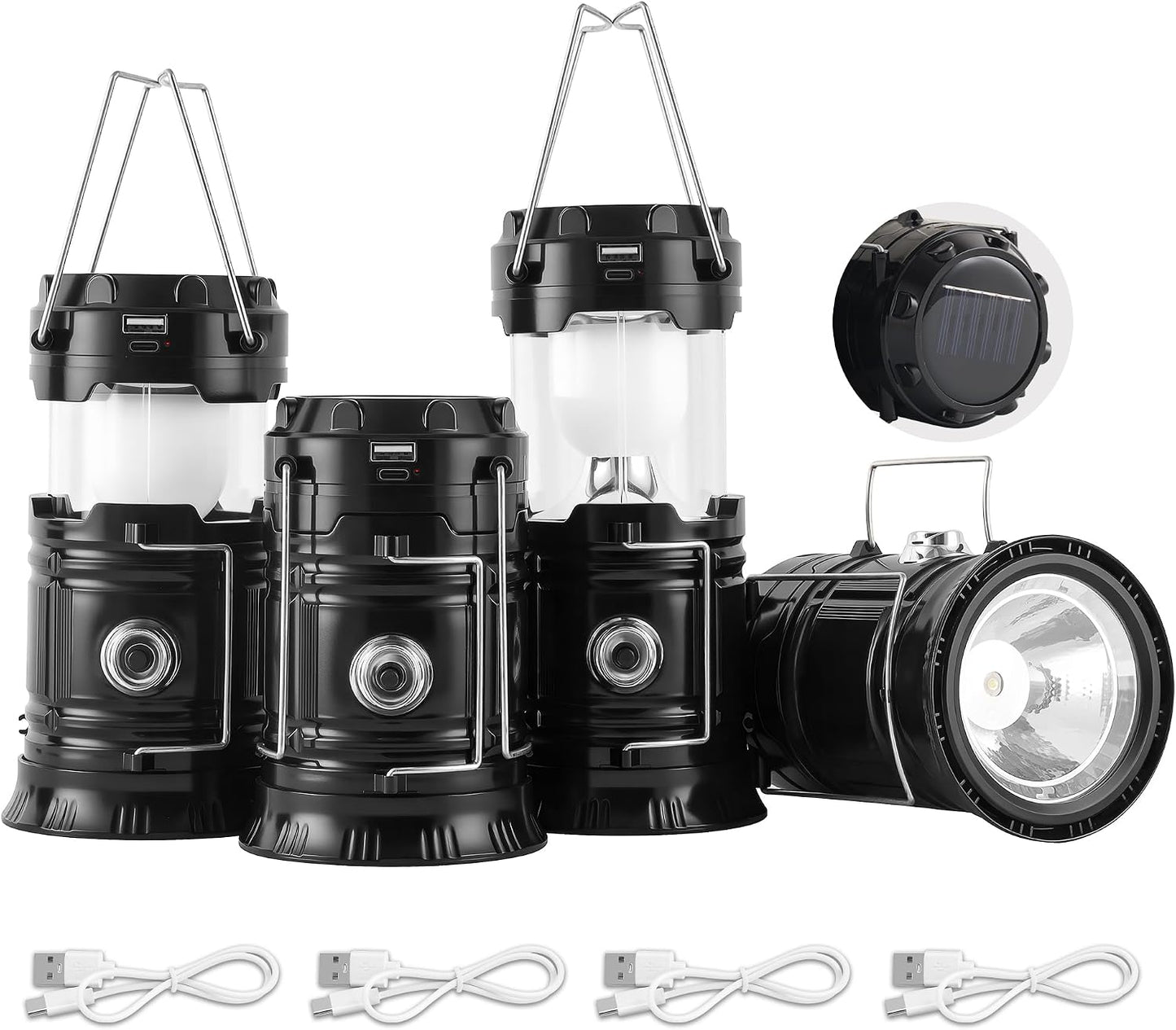 Lichamp Collapsible Portable Solar Camping Lantern, USB Rechargeable LED Flashlight - Survival Kits for Power Outages Hurricane Supplies Emergency, Indoor & Outdoor, 4-Pack